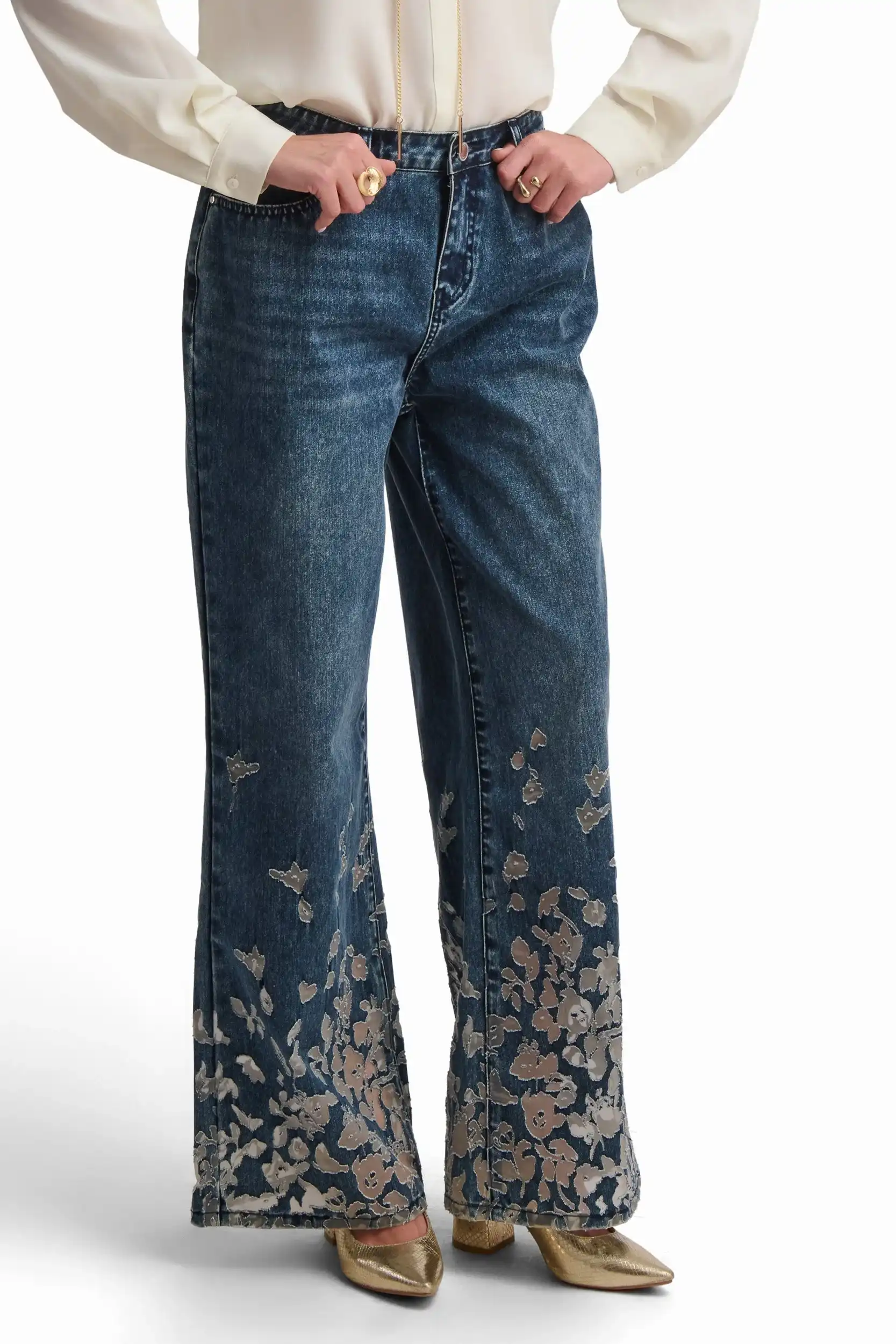 Embroidered Wide-Leg Denim Pants - Image 3