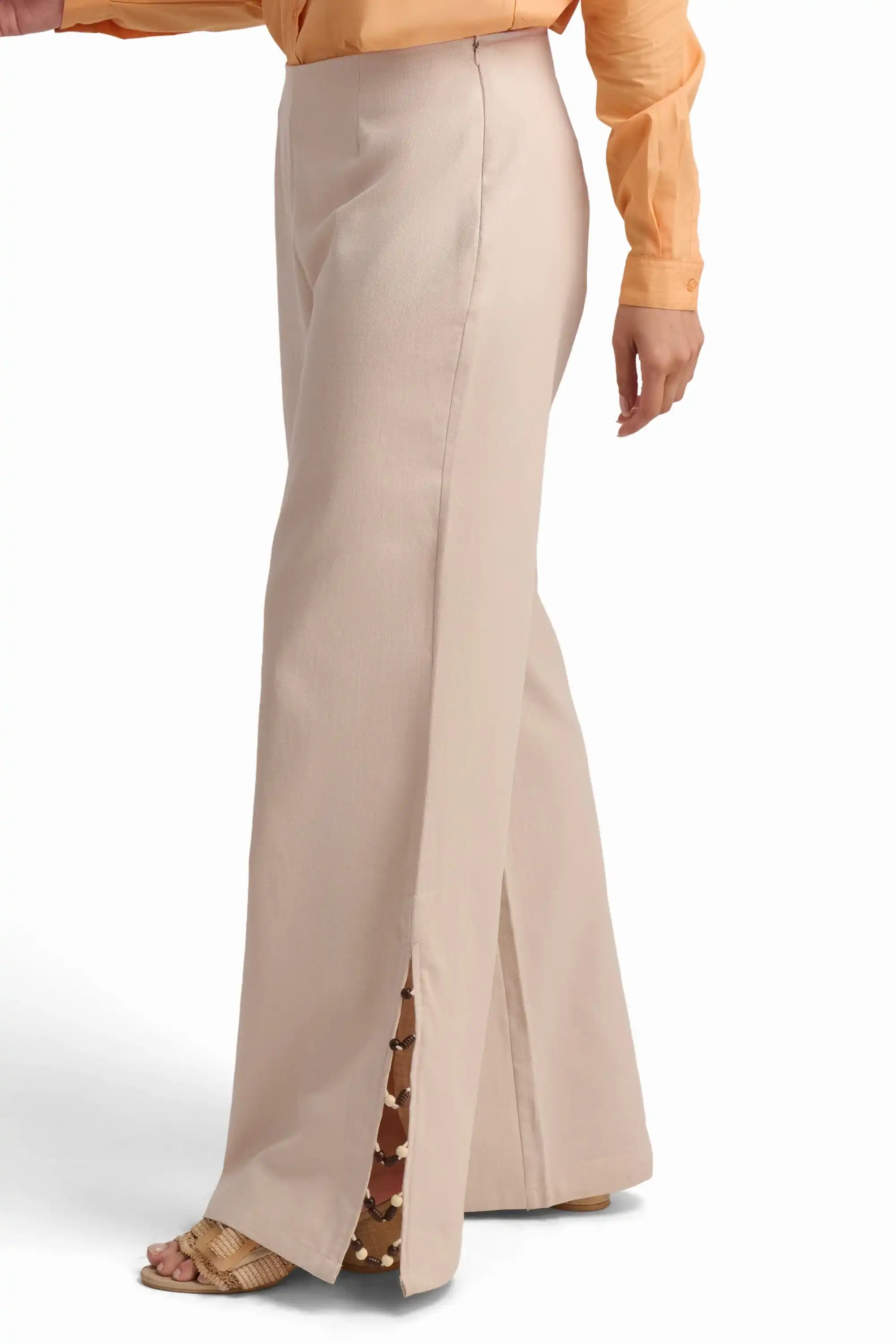 Beige Wide-Leg Trousers with Side Slits - Image 3