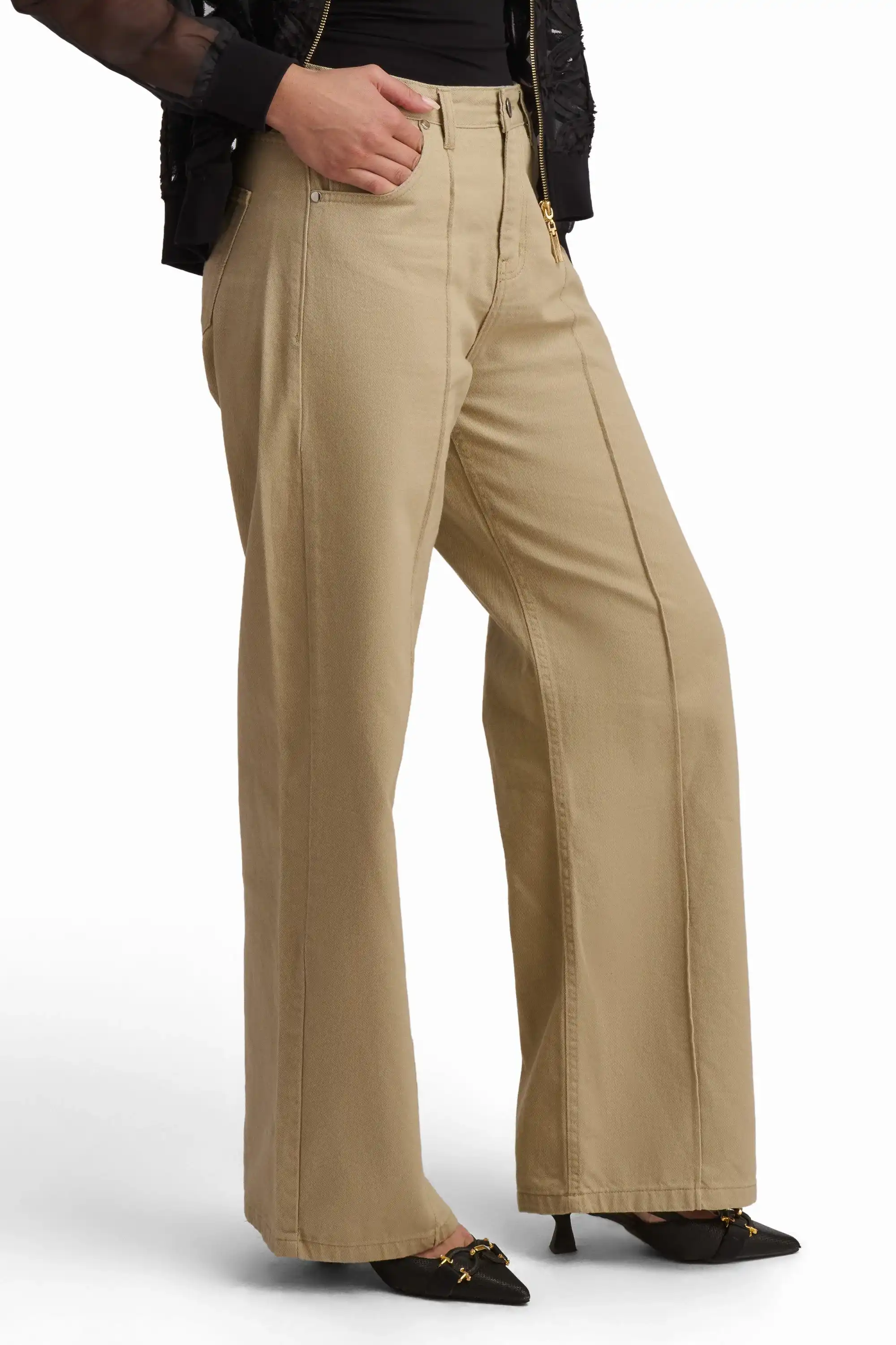 Beige Denim Wide-Leg Jeans - Image 3