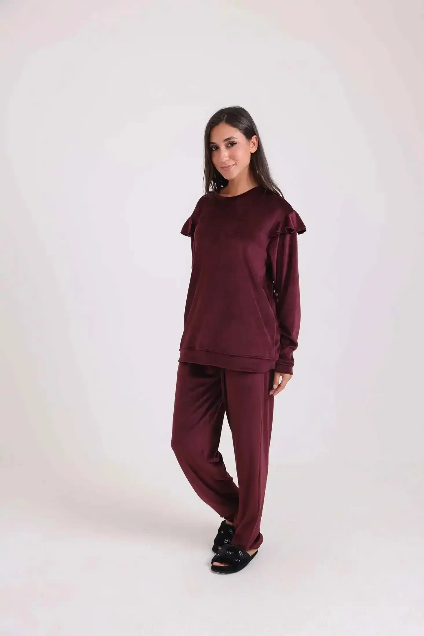 Velvet Pajama Set with Ruffled Shoulders - Image 5