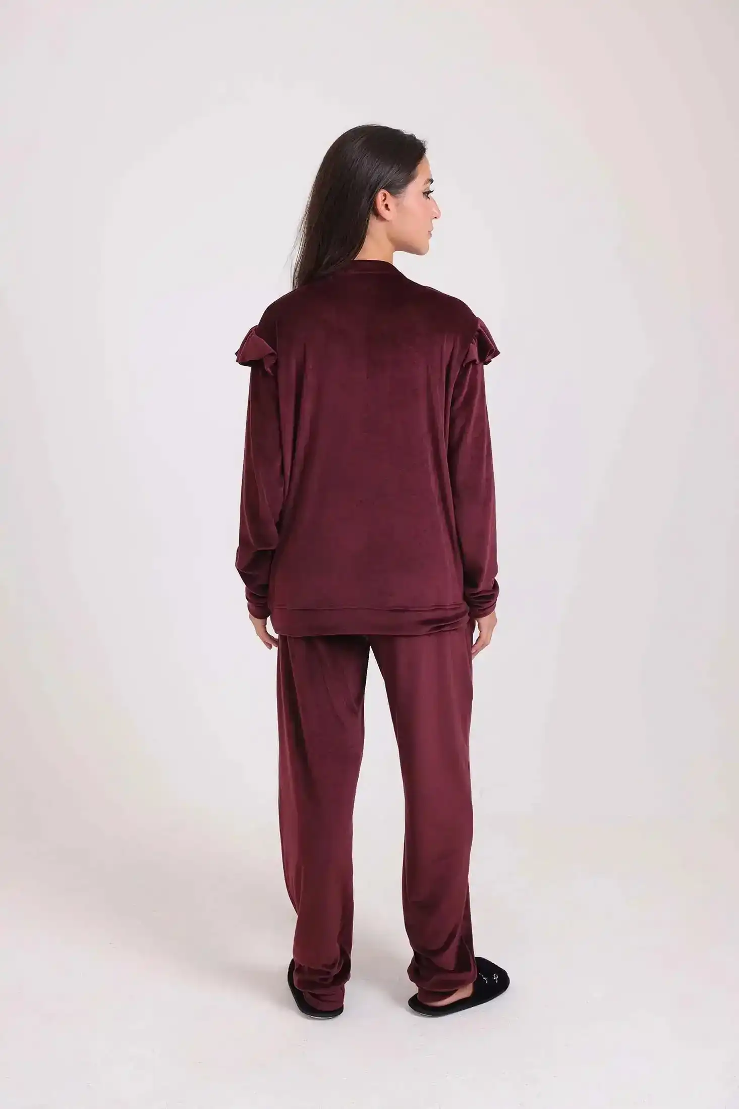 Velvet Pajama Set with Ruffled Shoulders - Image 6