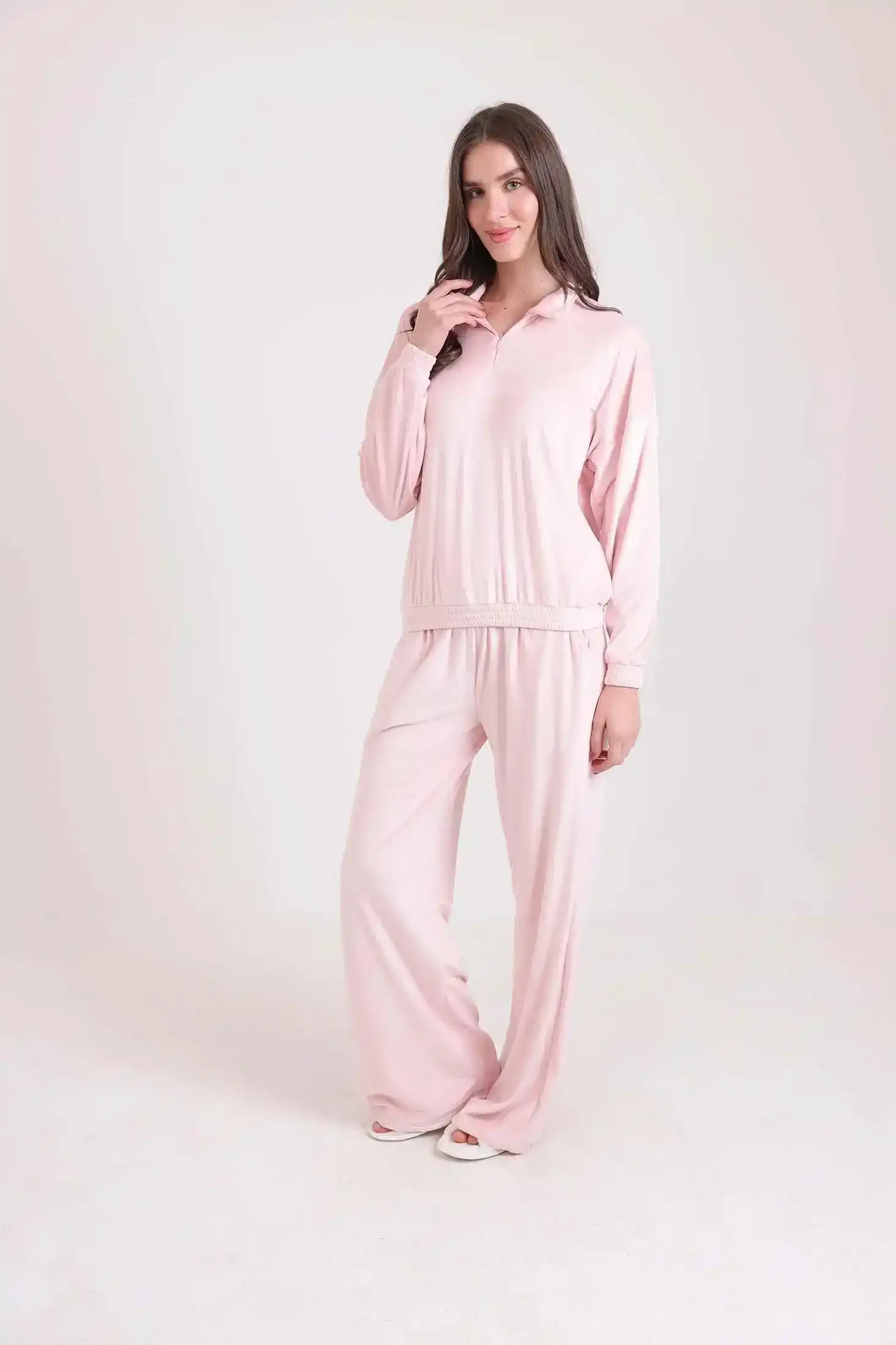 Solid Zipped Sweatshirt & Wide Pants Pajama Set - Image 3