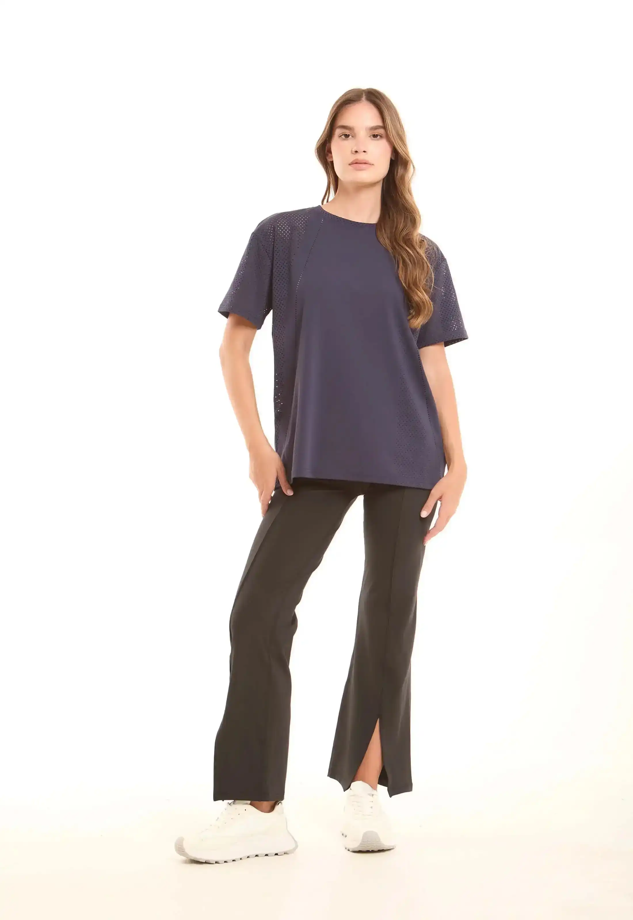 Solid Crew Neck Tee with Perforated Sleeves - Image 3