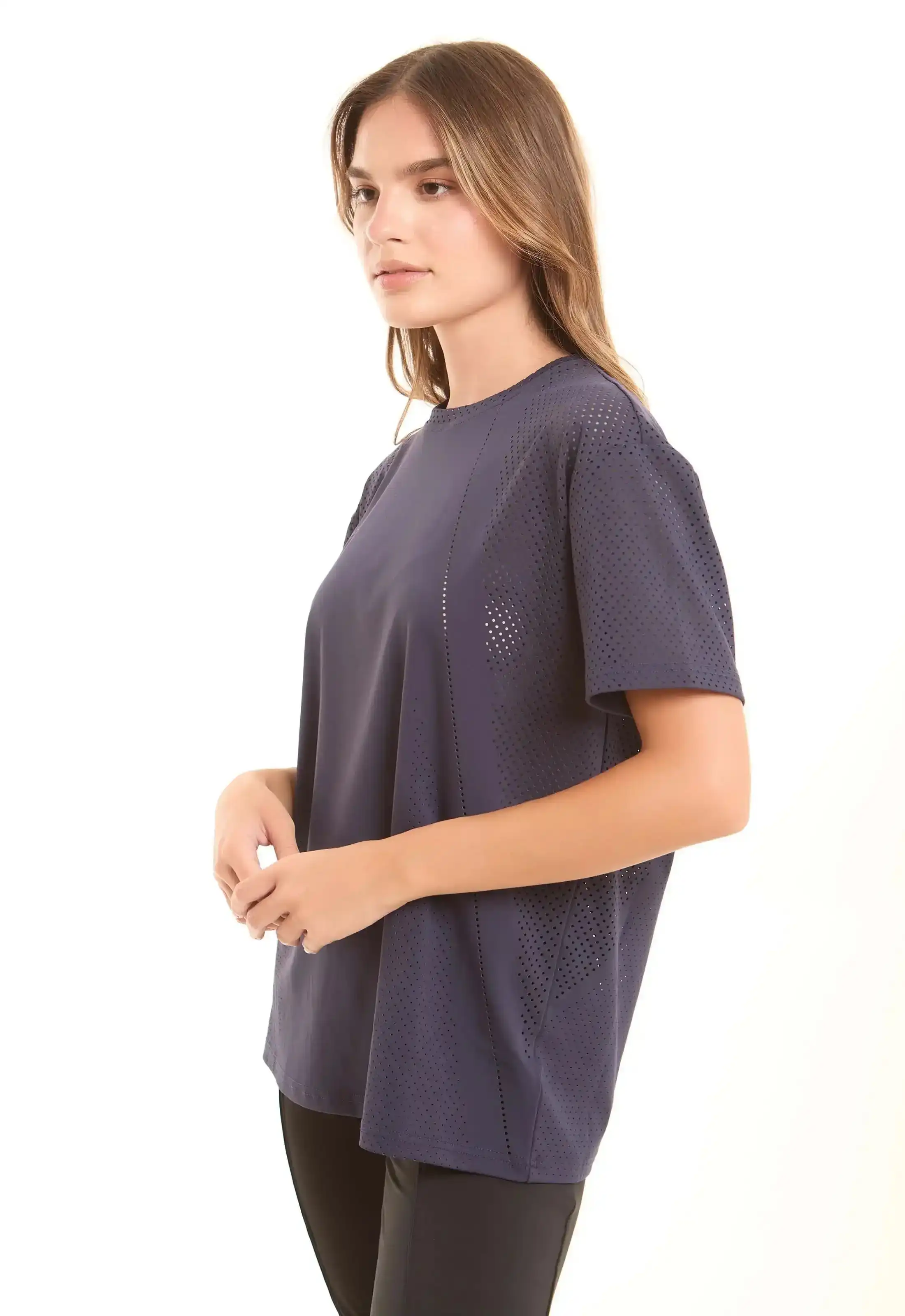 Solid Crew Neck Tee with Perforated Sleeves - Image 4