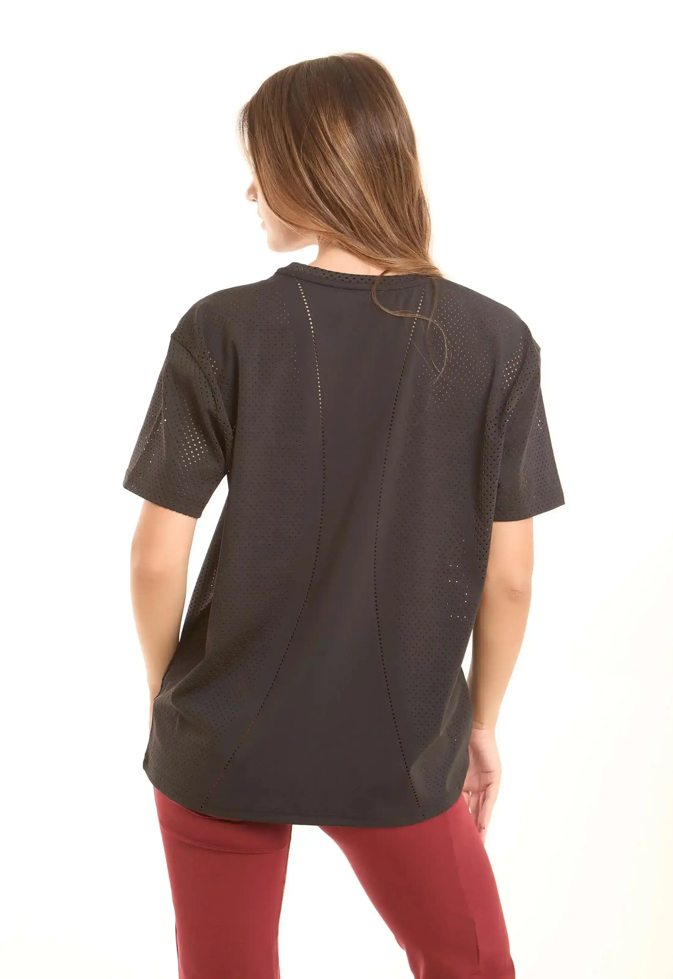 Solid Crew Neck Tee with Perforated Sleeves - Image 3