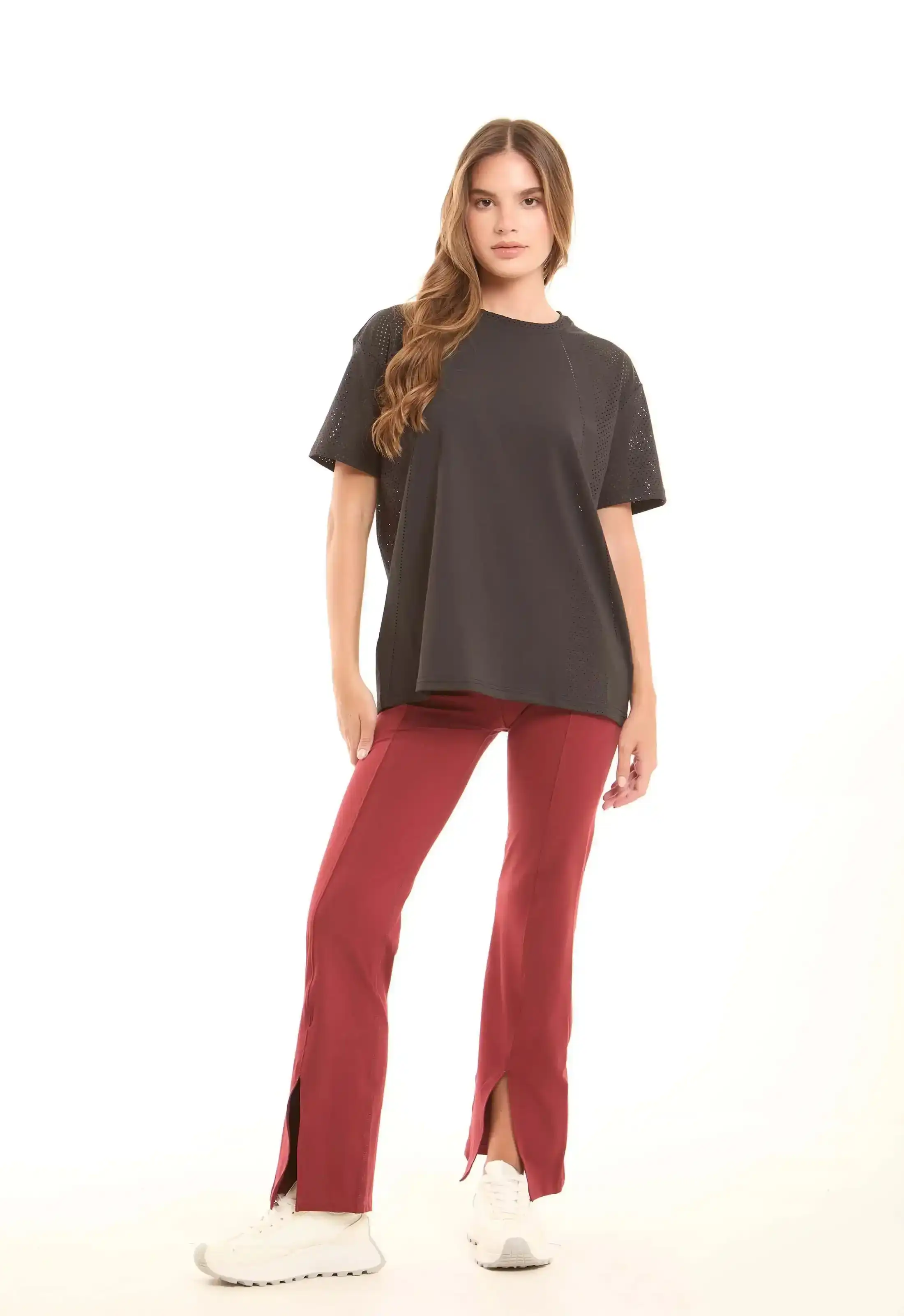 Solid Crew Neck Tee with Perforated Sleeves - Image 4