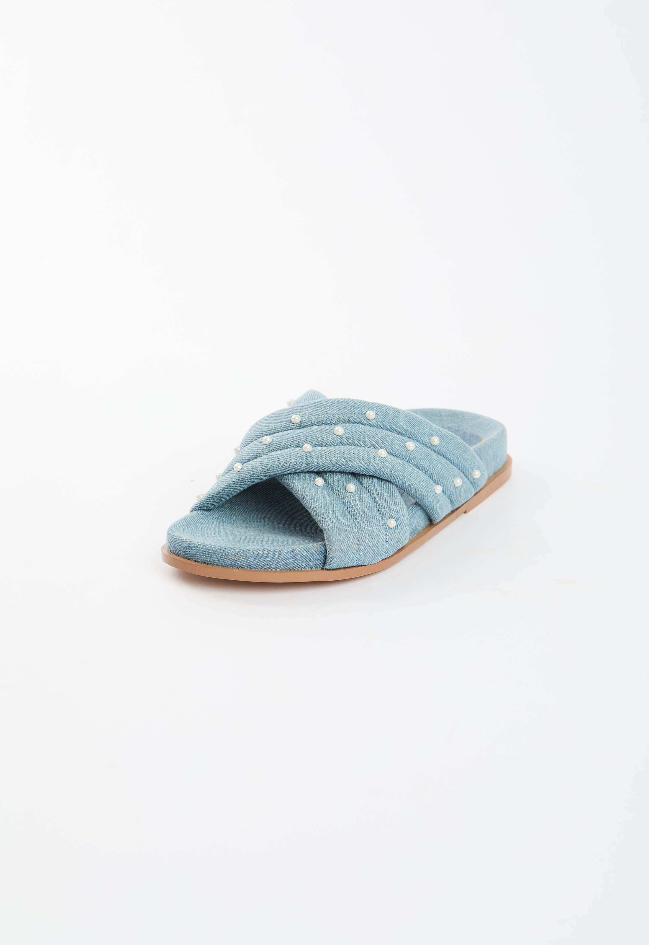 Pearl Embellished Slide Denim Sandals - Image 2