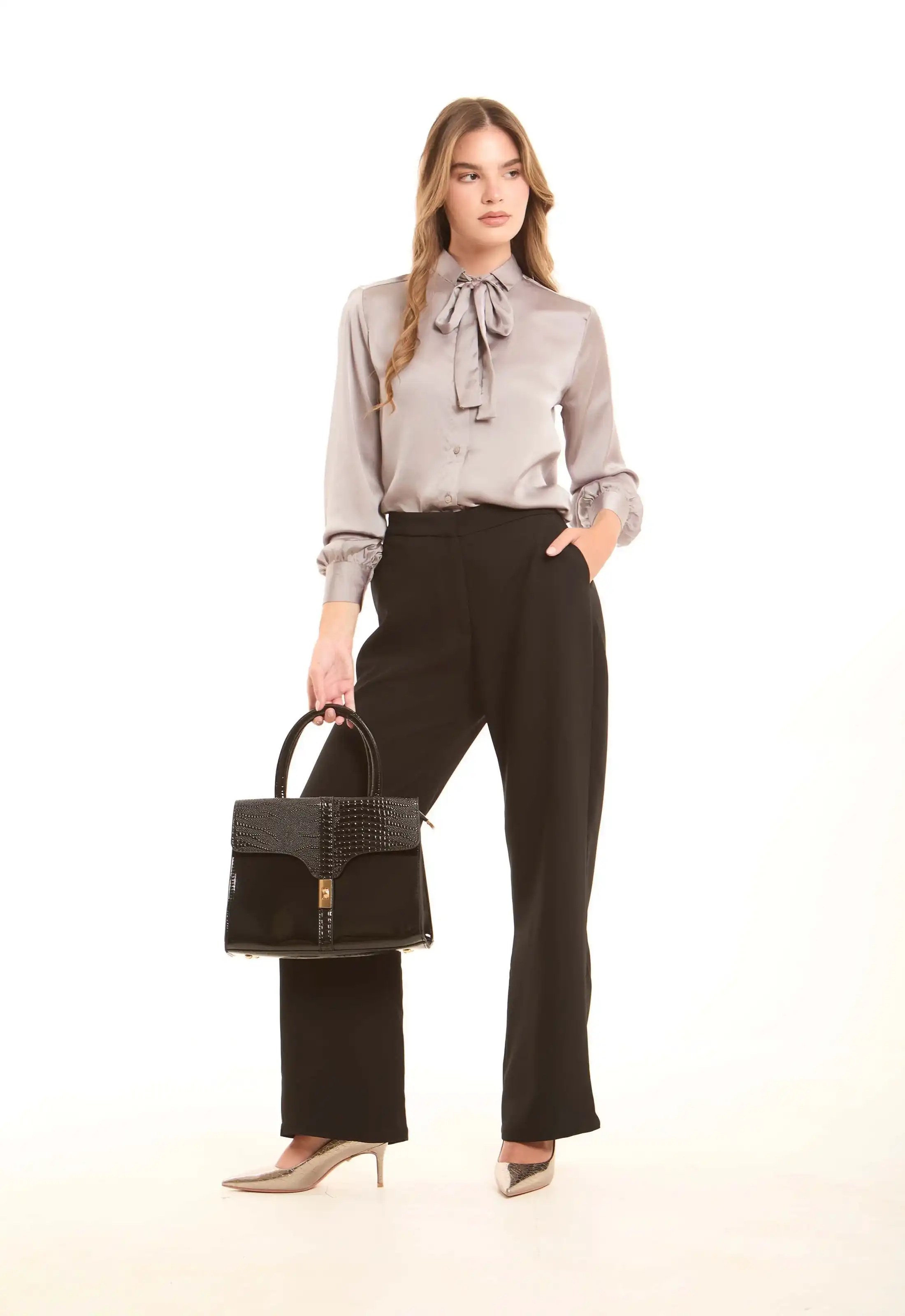 Black Croc-Embossed Structured Handbag - Image 3
