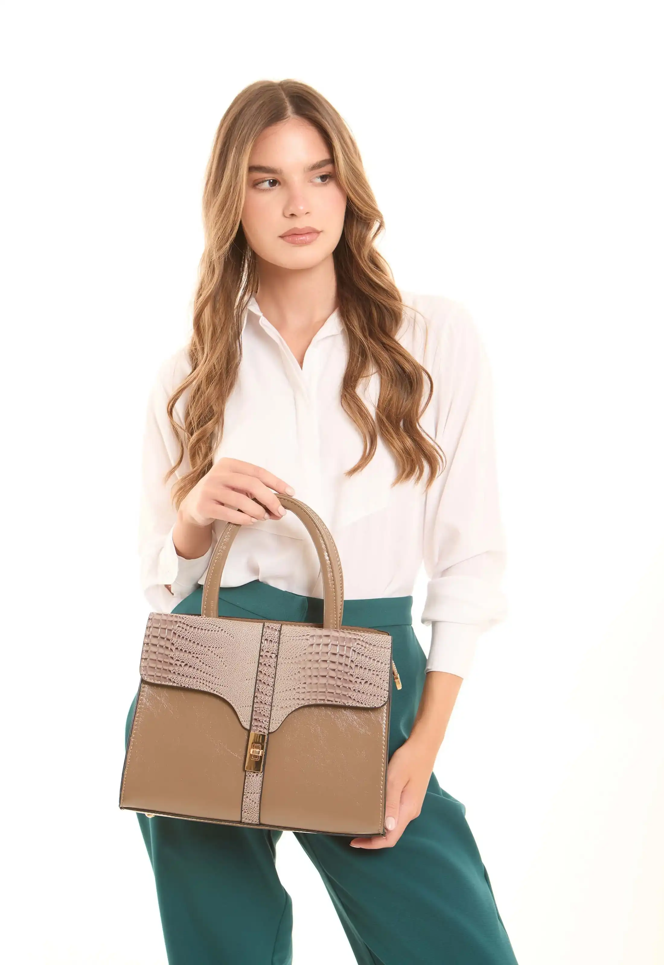 Taupe Croc-Embossed Structured Handbag - Image 2