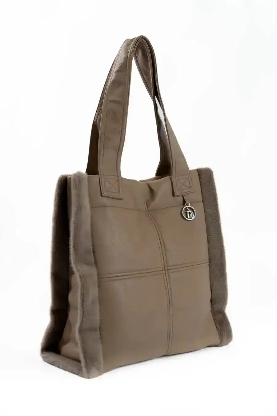 Solid Leather Tote Bag with Fur Trim - Image 3