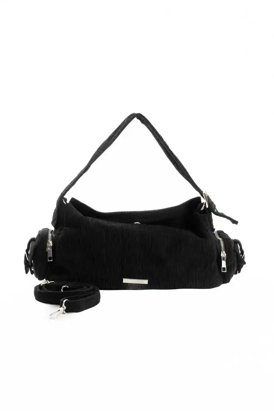 Suede Ribbed Shoulder-Bag with Side Zipped Pockets