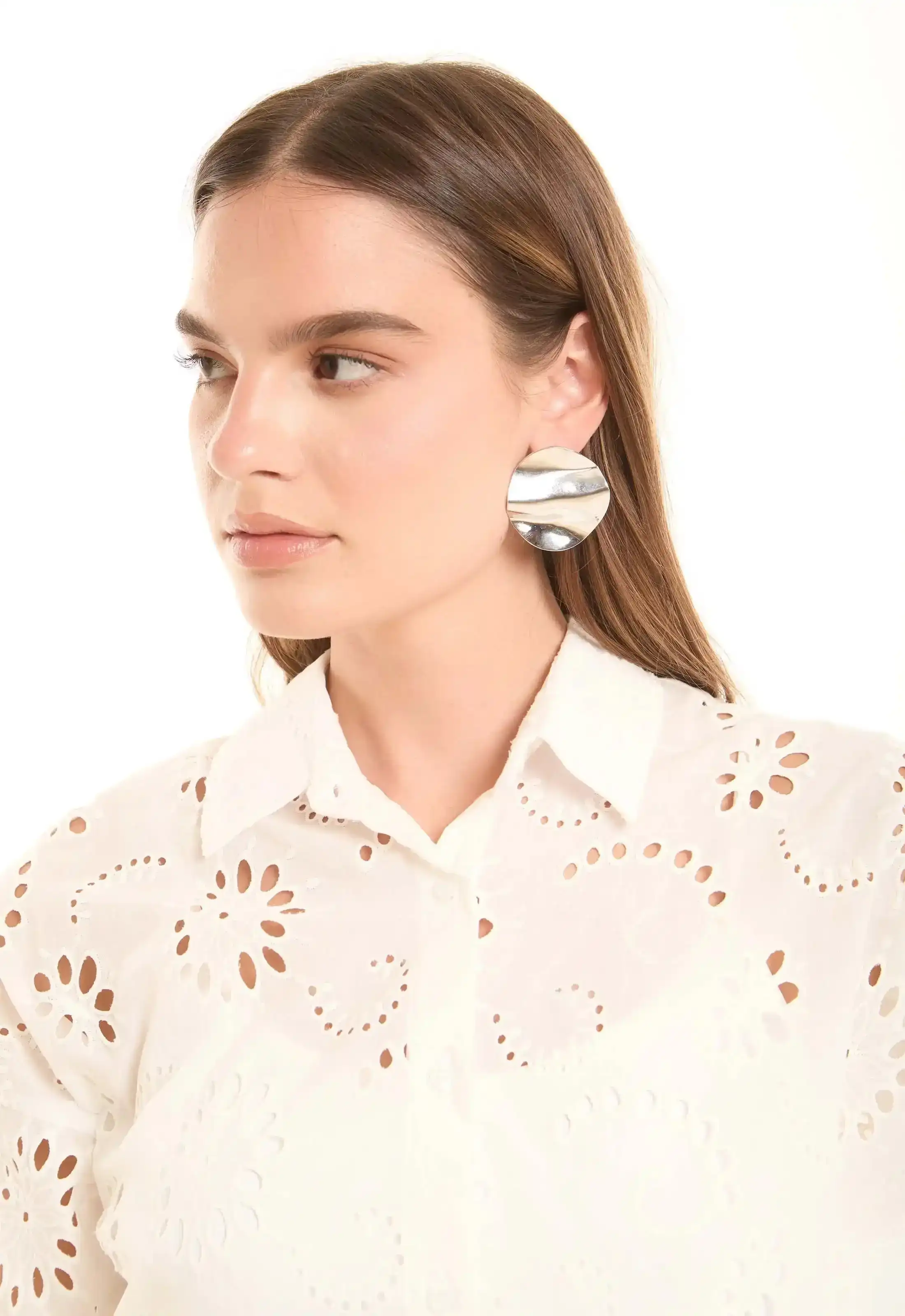 Silver Textured Round Stud Earrings - Image 3