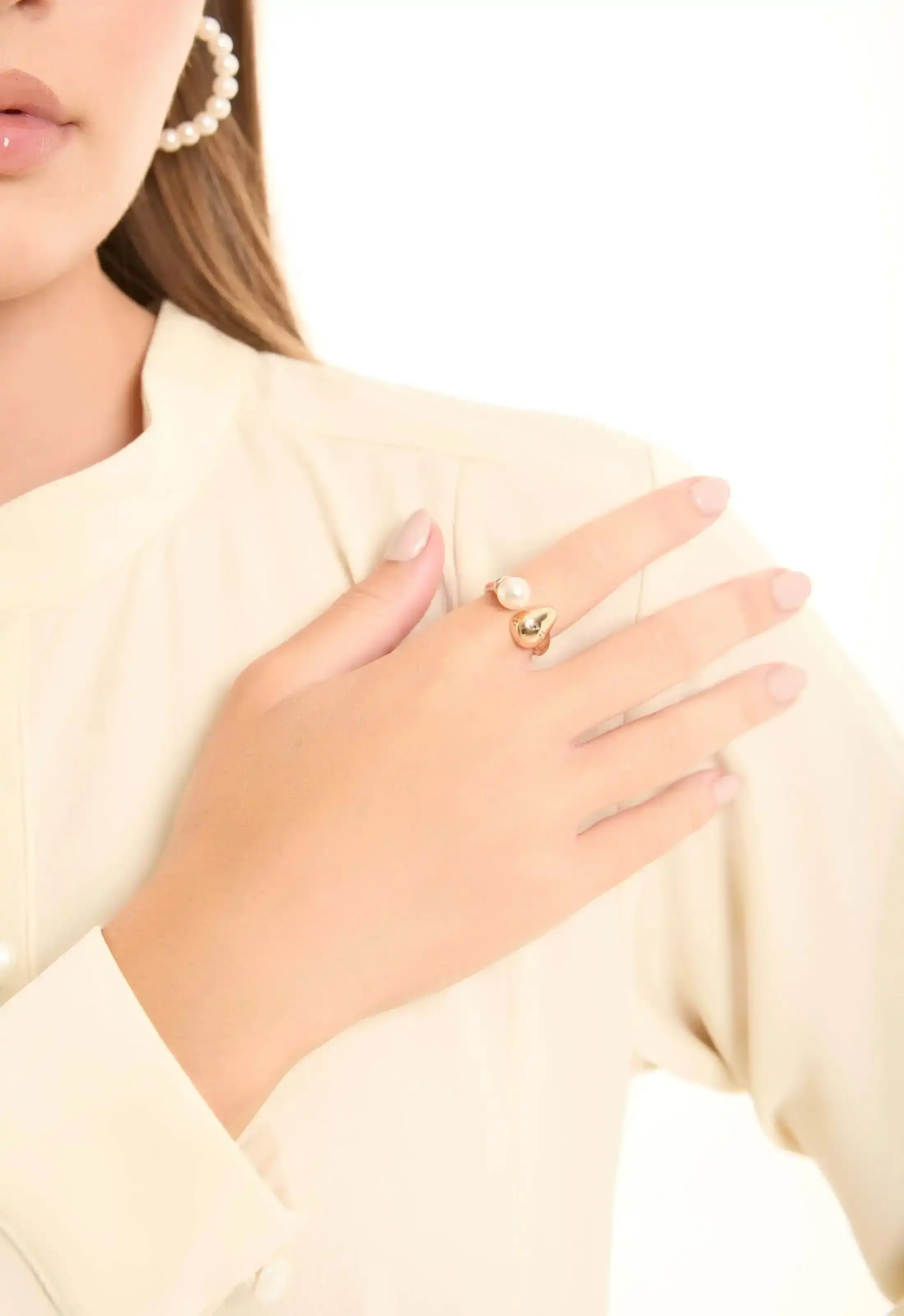 Dual Stud and Pearl Open Ring Design - Image 3