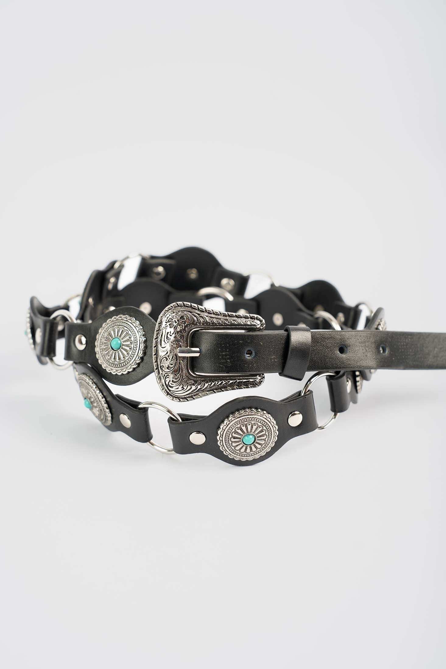 Black Leather Turquoise Stud Belt - Image 3