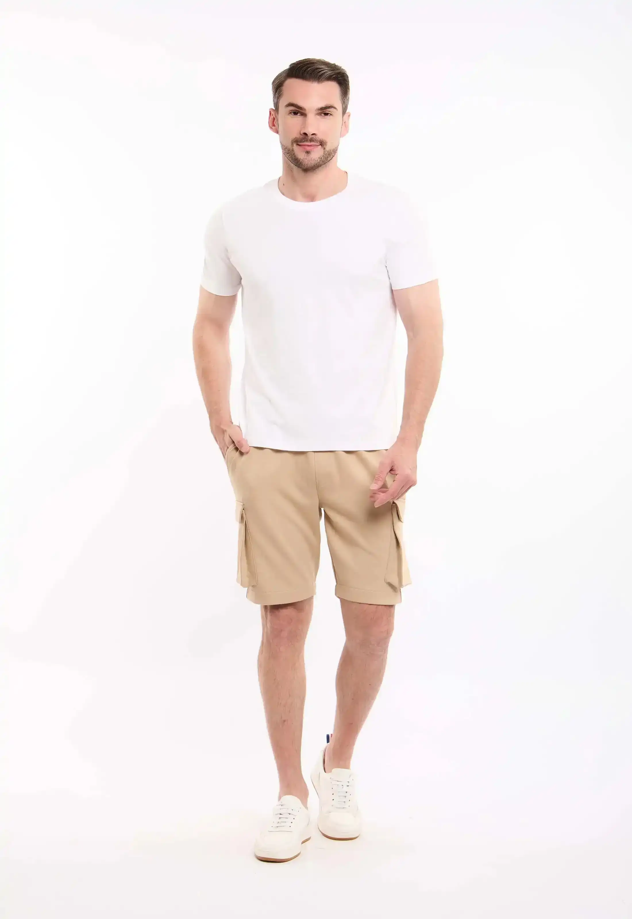 Elastic Waist Solid Cargo Shorts