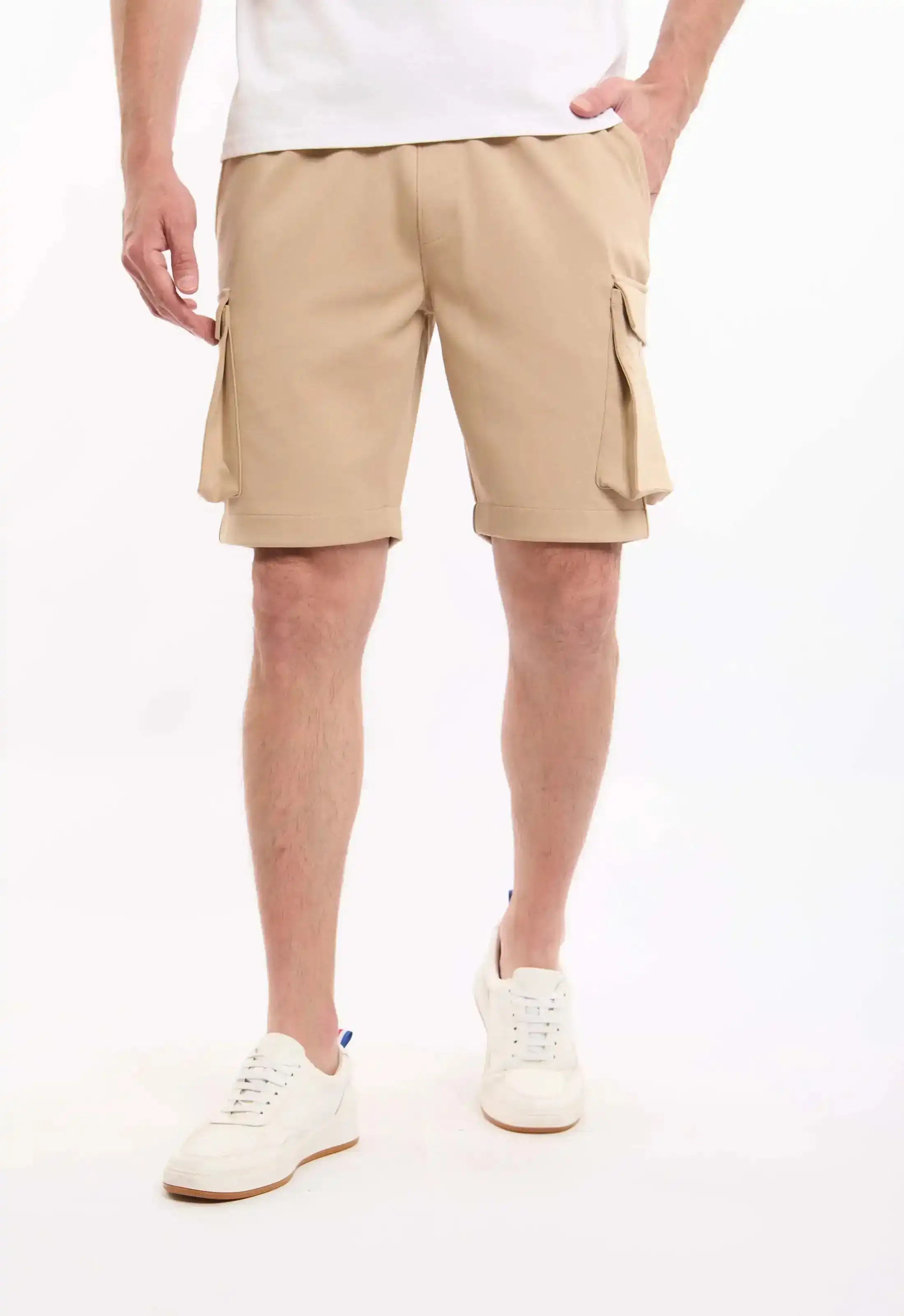 Elastic Waist Solid Cargo Shorts - Image 2