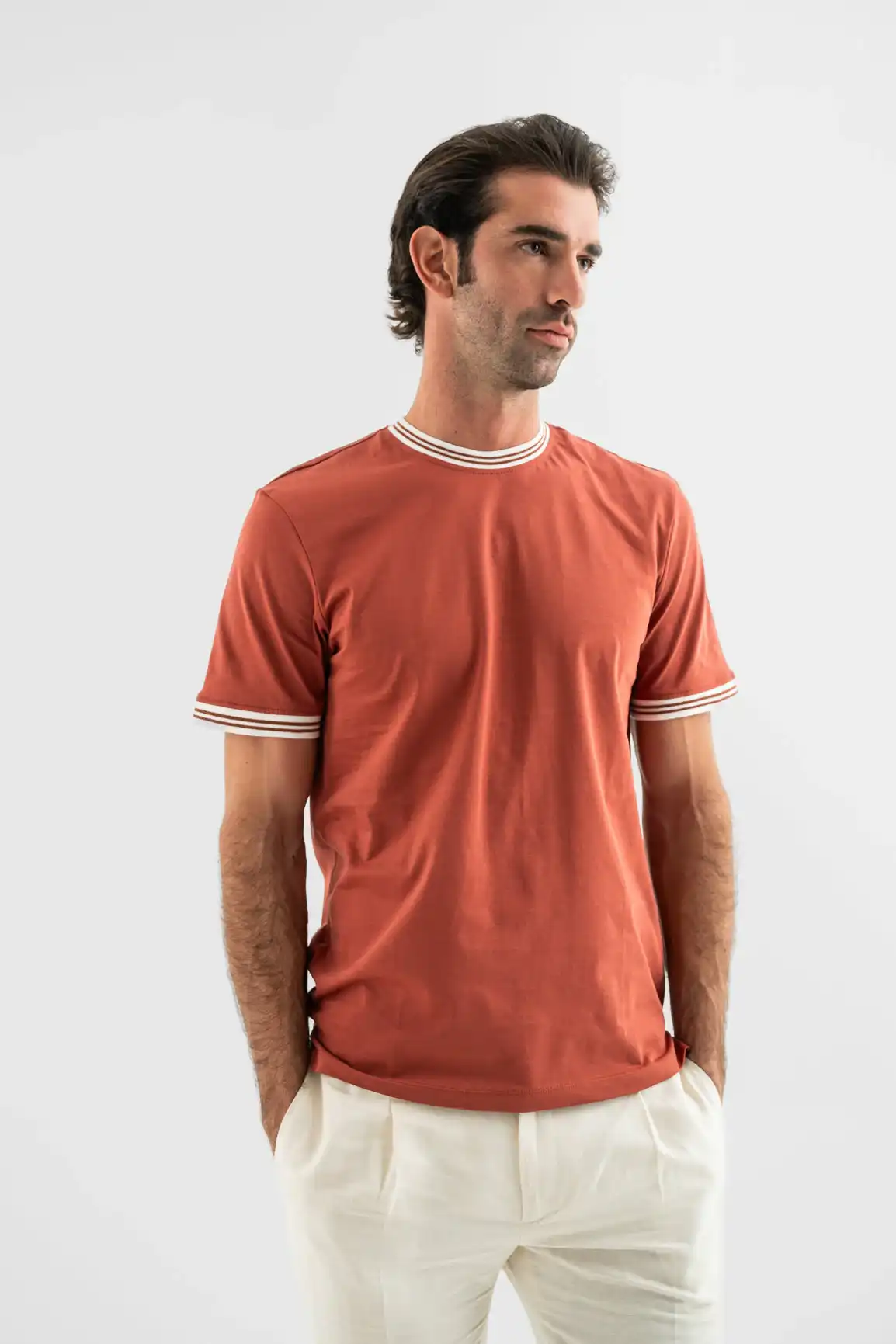 Rust Contrast-Trim Cotton T-Shirt - Image 2