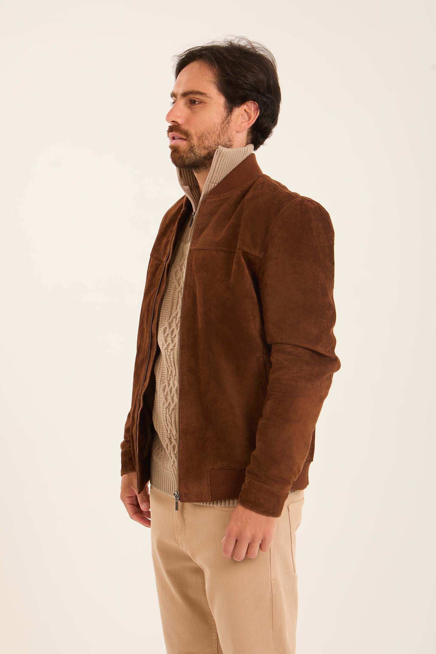 Men Suede Genuine Leather Jacket Brown - Image 3