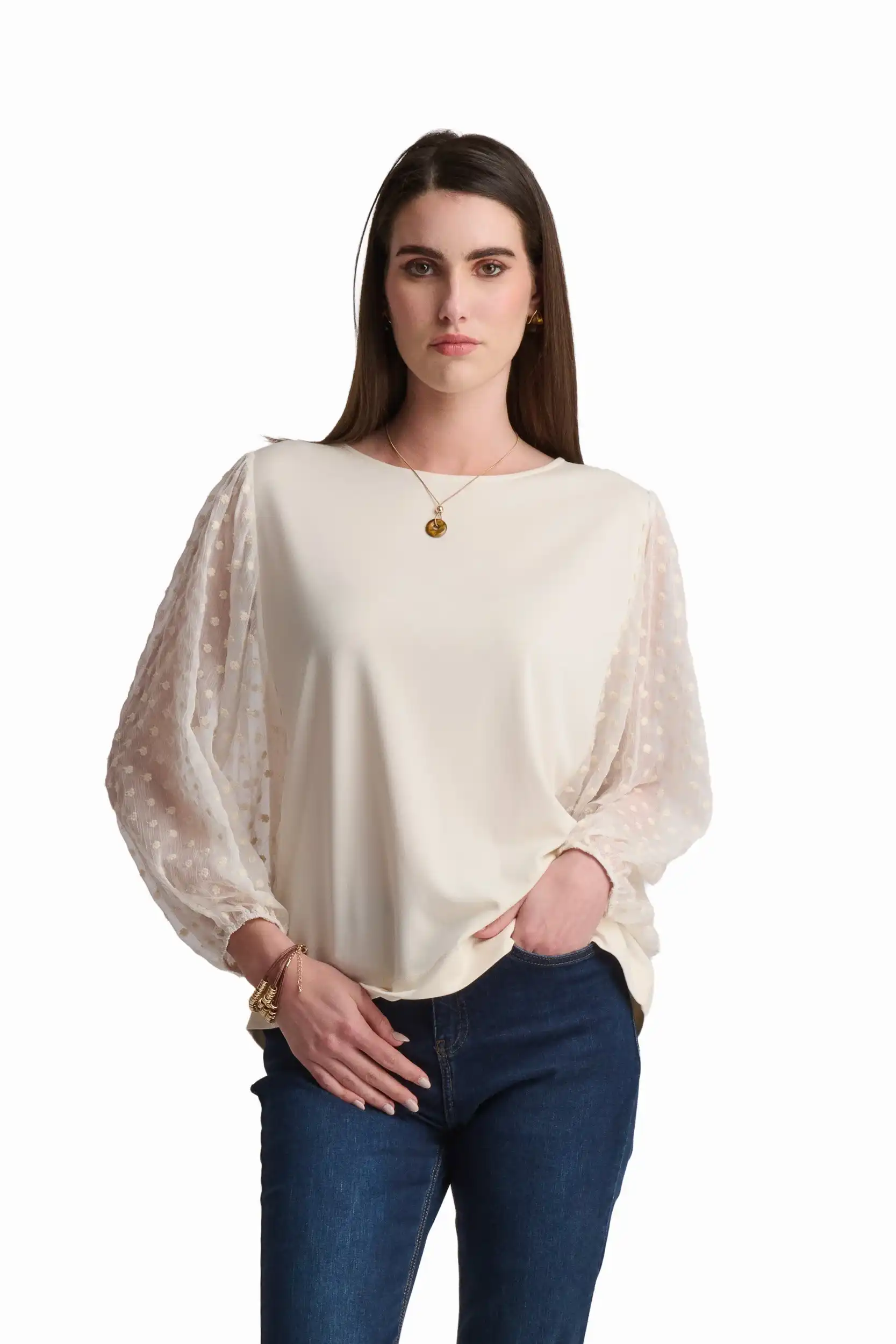 Cream Mixed-Fabric Elegant Top - Image 2