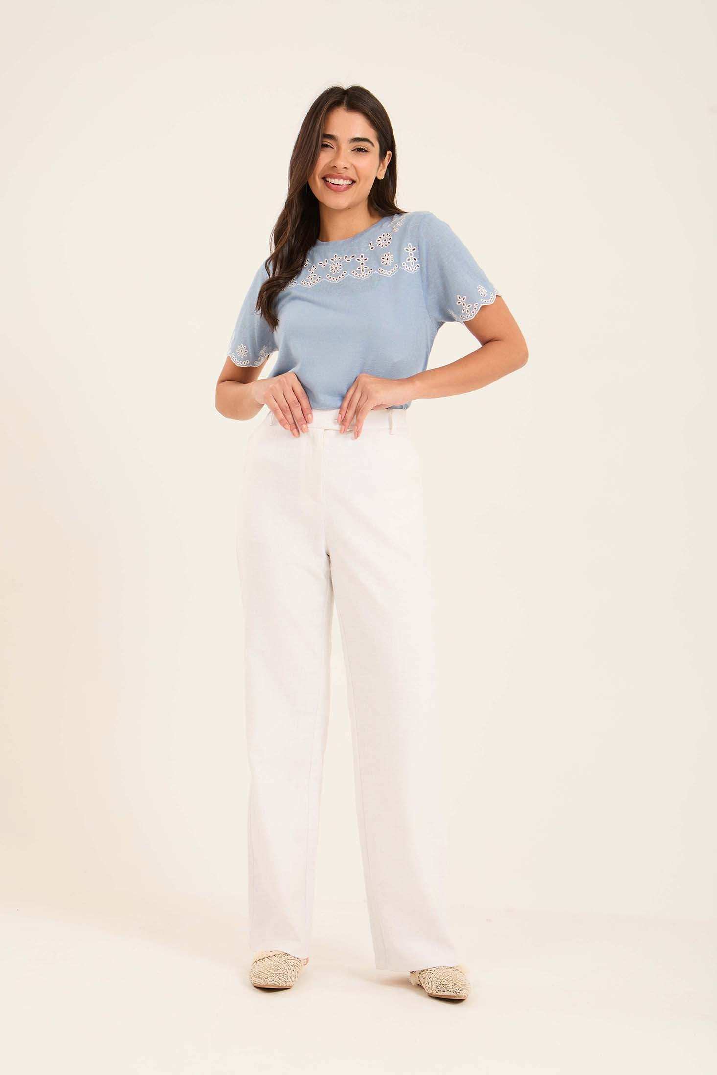 Embroidered Perforated Floral Short Sleeves Tee - Image 5