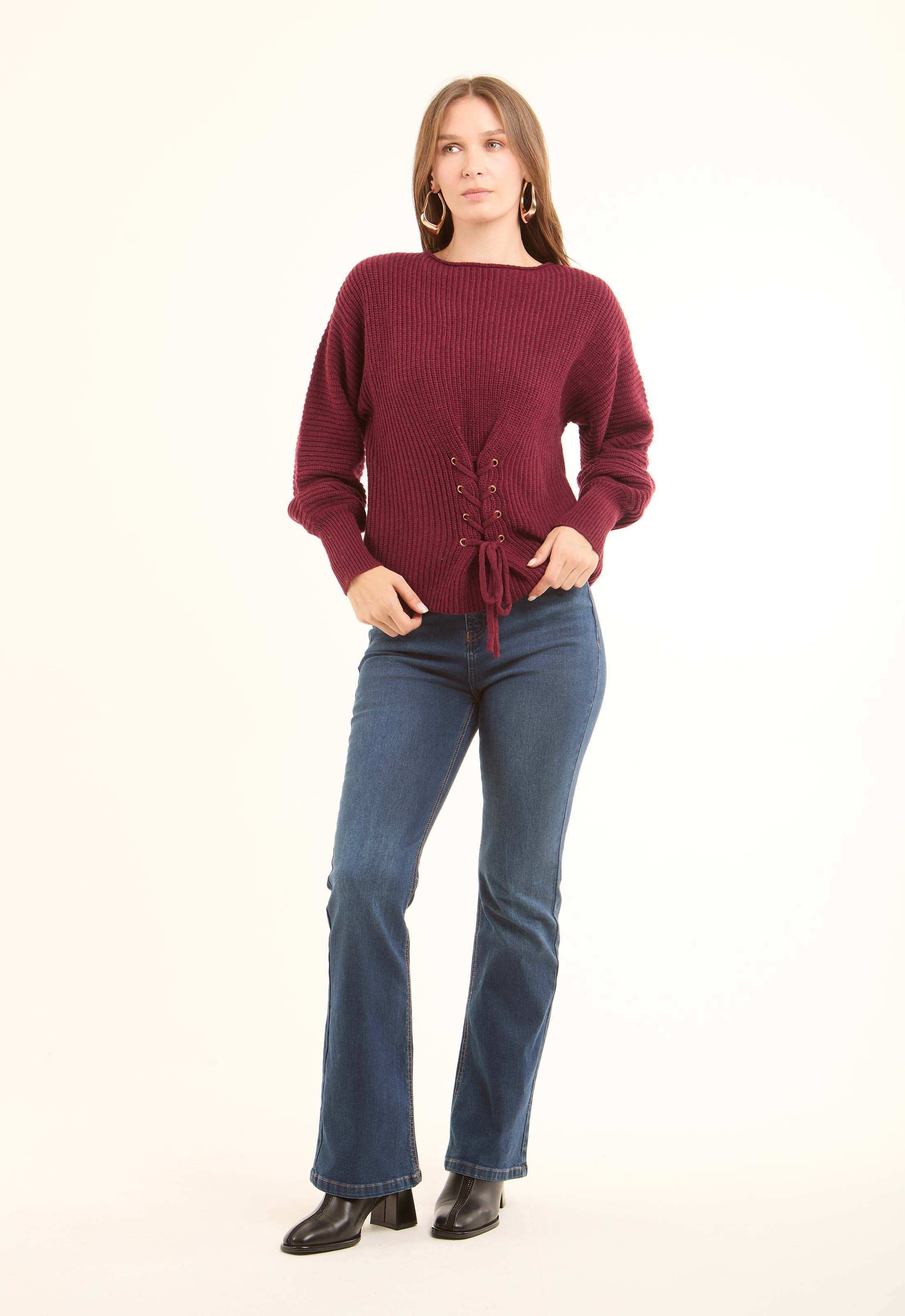 Chunky Knit Pullover with Lace-Up Corset Waist - Image 4