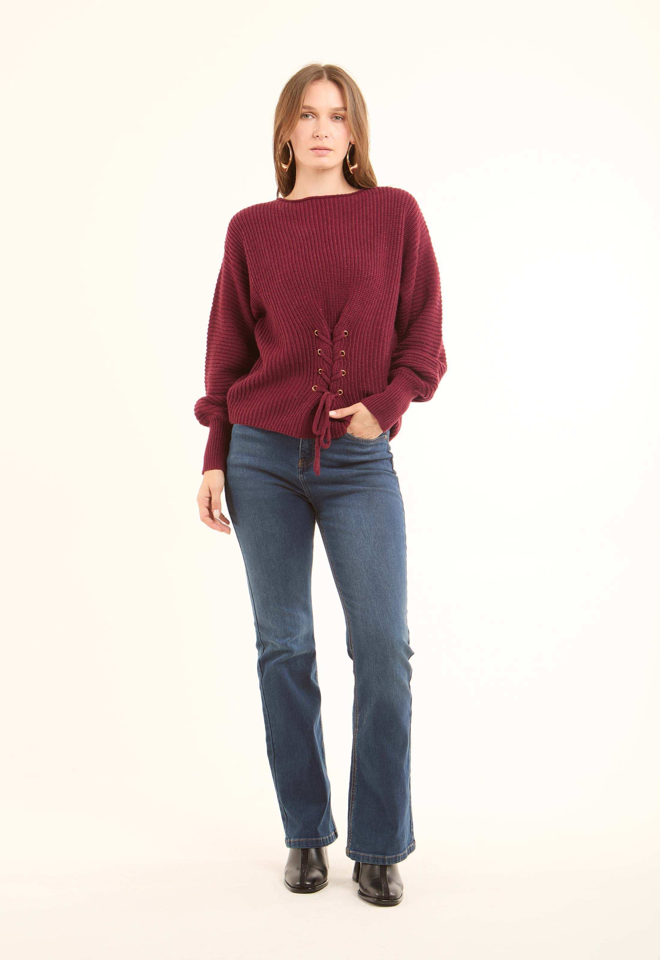 Chunky Knit Pullover with Lace-Up Corset Waist - Image 5
