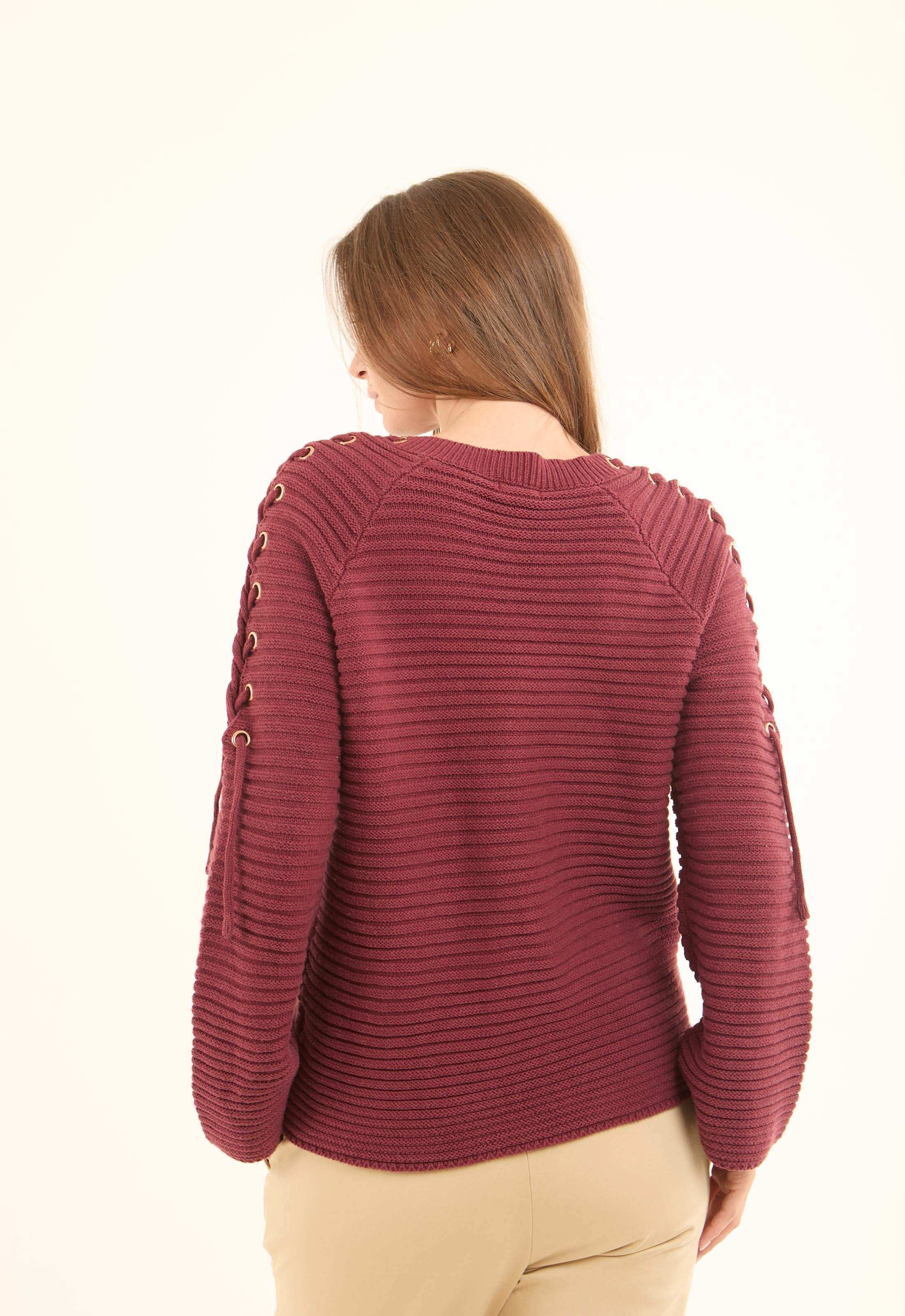 Decorative Lace-Up Sleeves Striped Pullover - Image 3