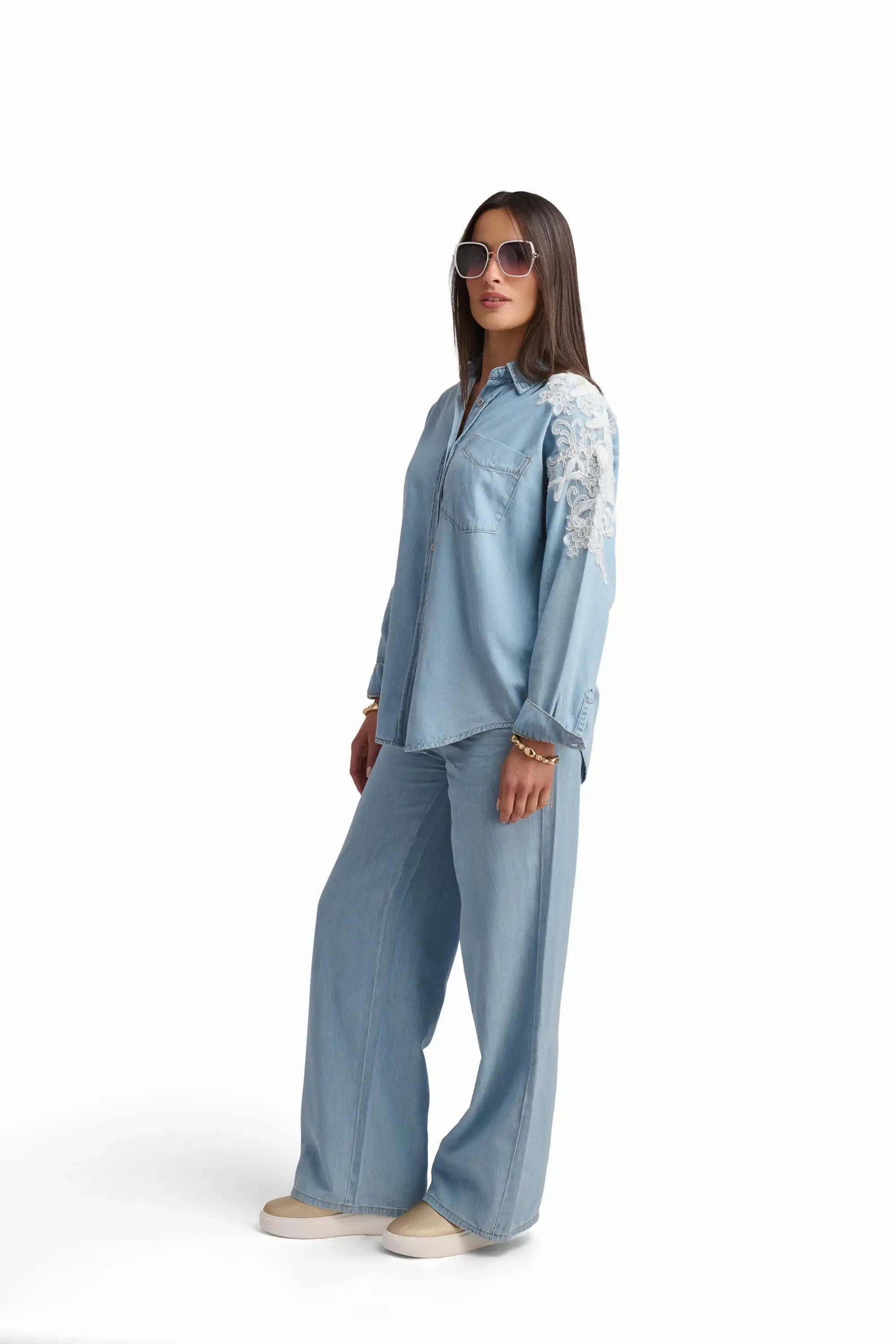 Light Blue Denim Shirt with Lace Detail - Image 3
