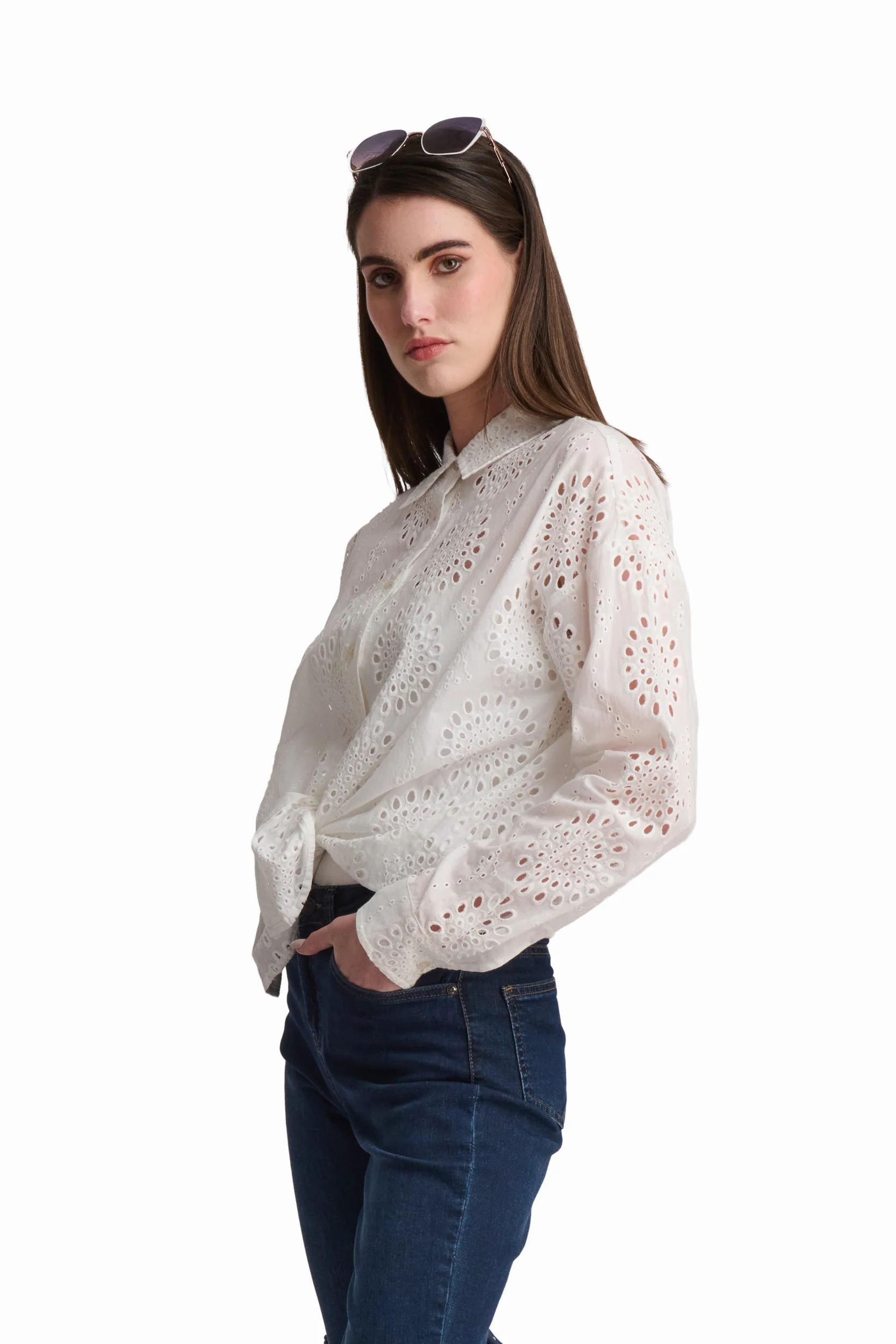 White Textured Embroidered Shirt - Image 3