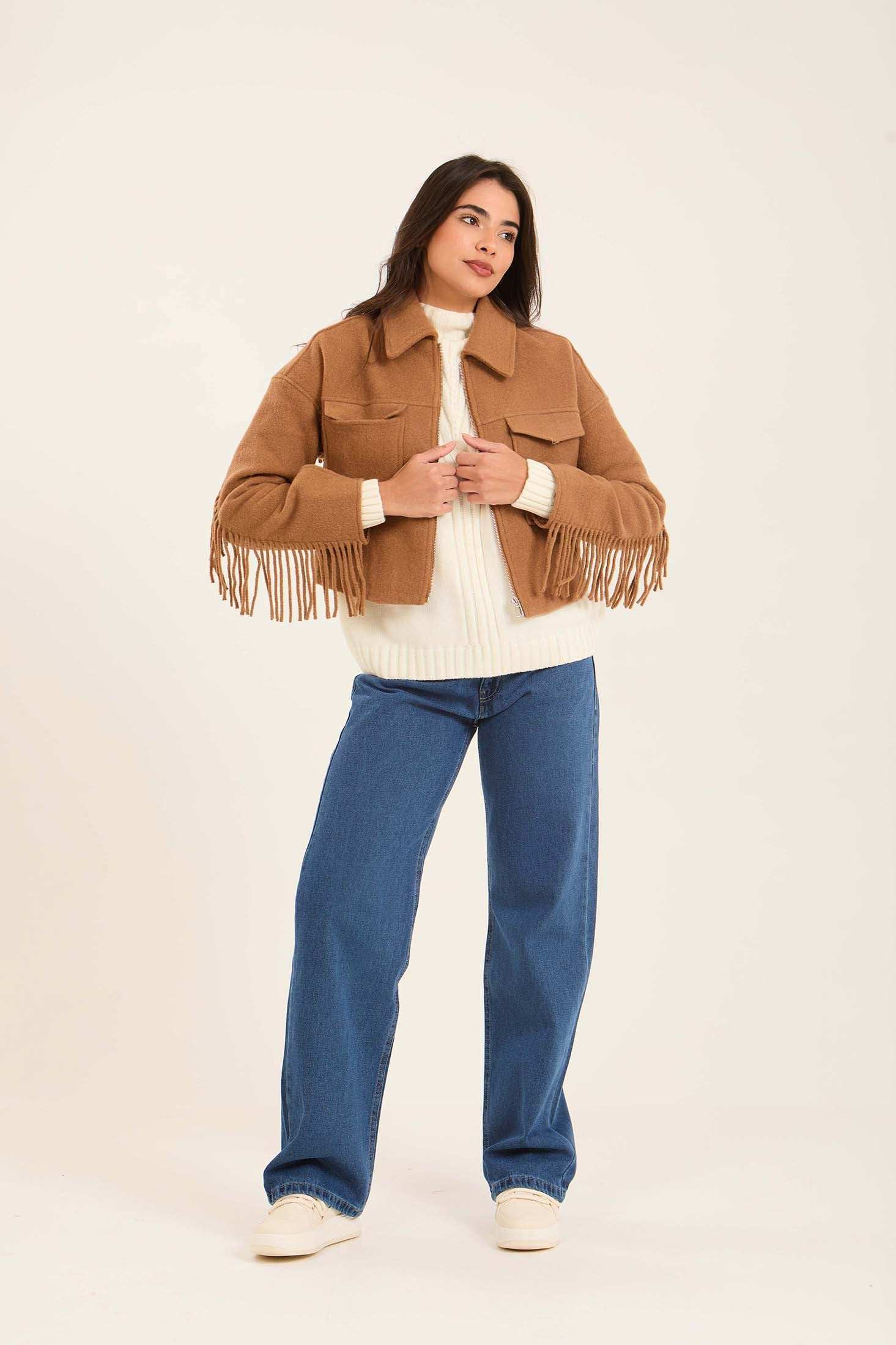 Women Short Jacket with Fringes Brown - Image 4