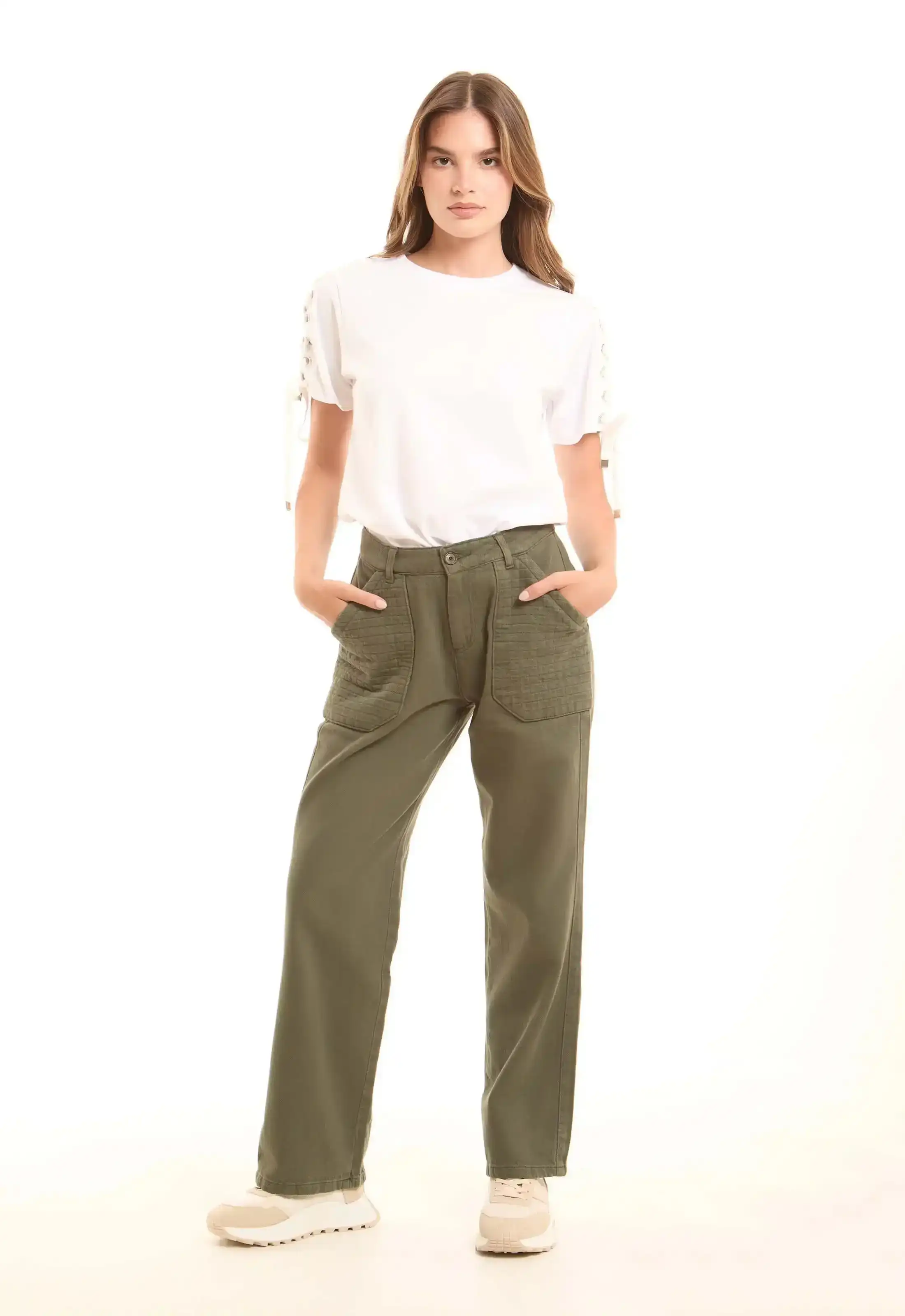 High-Waist Cotton Pants with Oversized Quilted Pockets