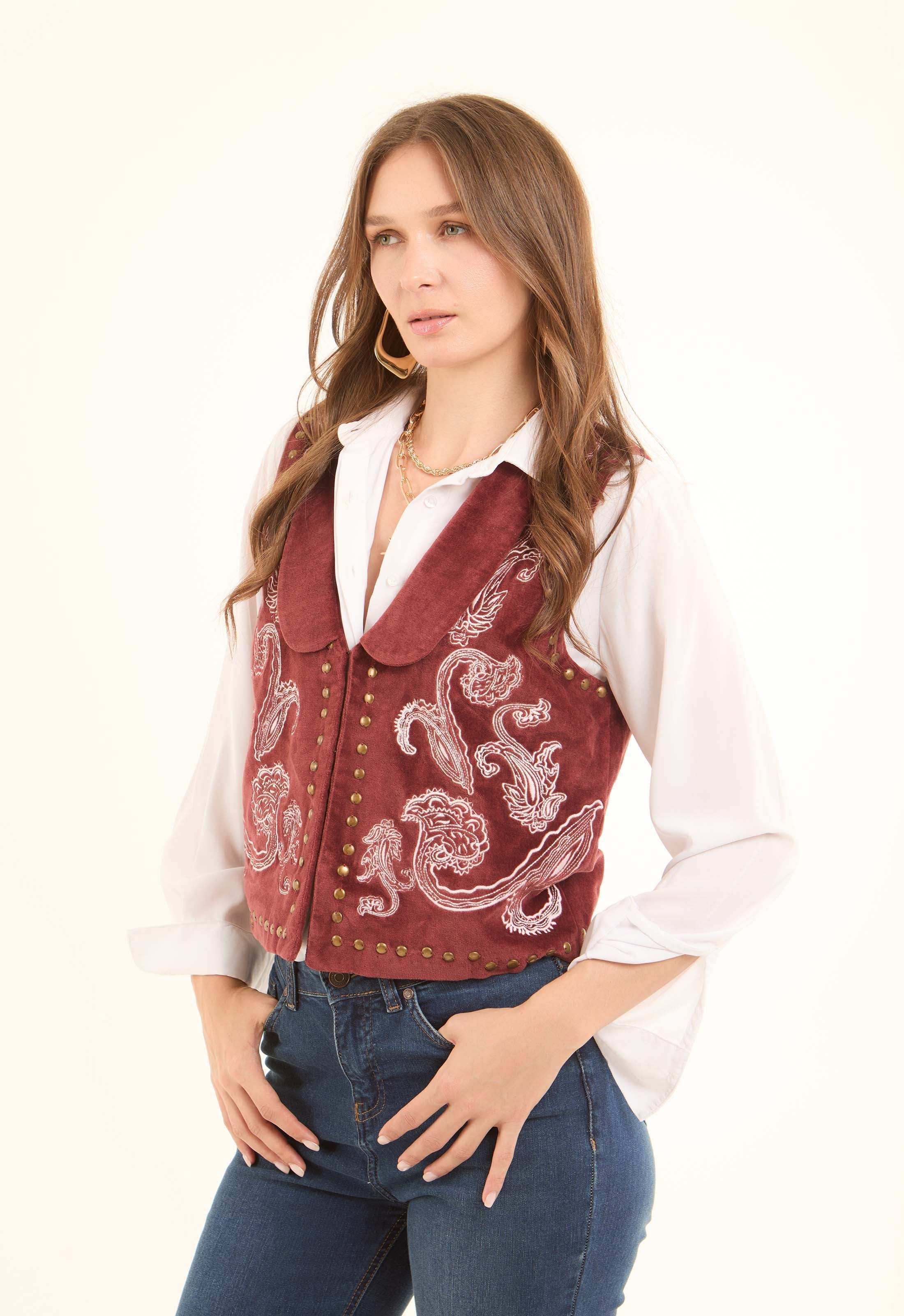 Vintage Velvet Vest with Embroidery & Brass Studs - Image 2