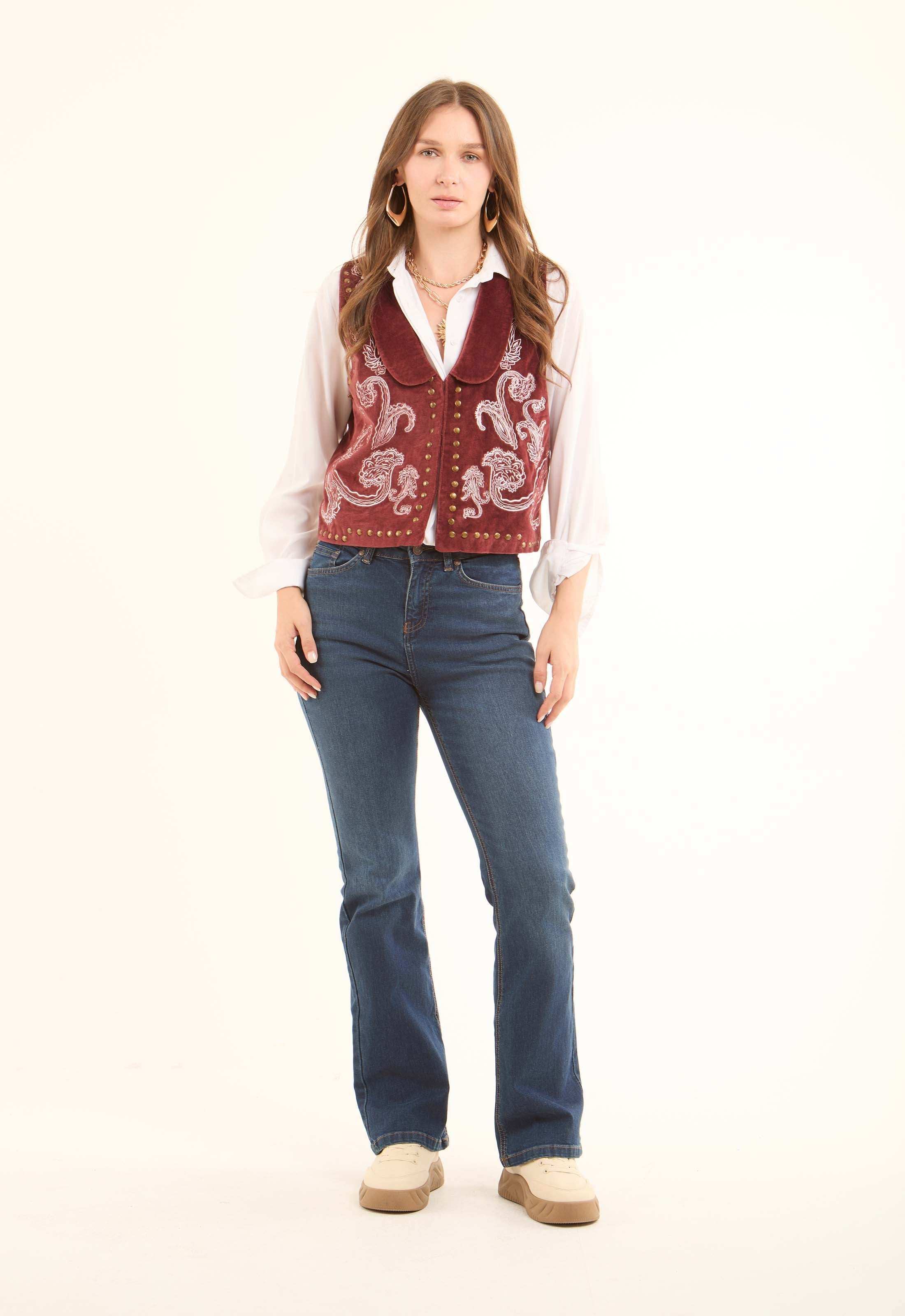 Vintage Velvet Vest with Embroidery & Brass Studs - Image 4