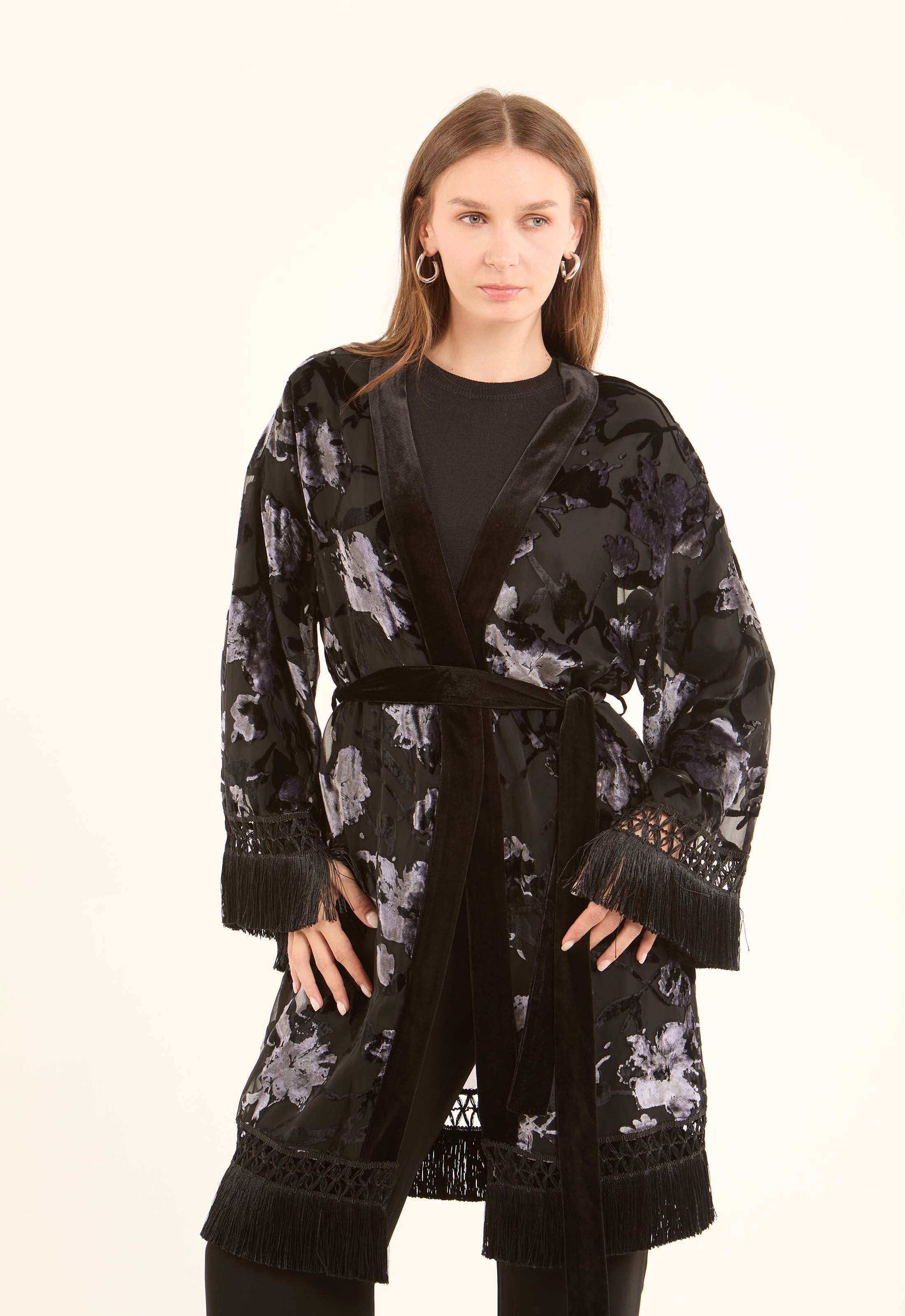 Velvet Floral Elegant Kimono with Fringed Sleeves - Image 3