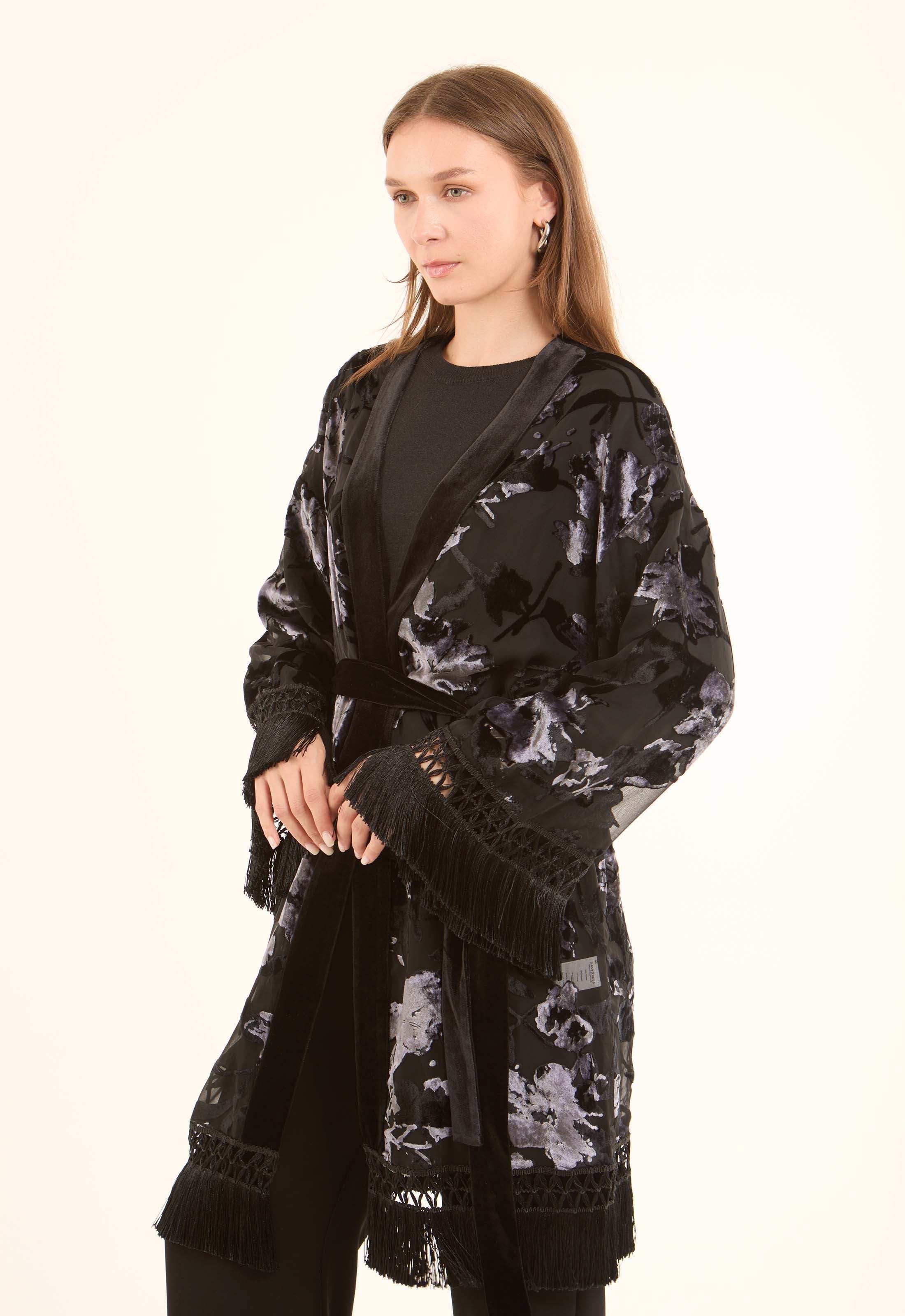 Velvet Floral Elegant Kimono with Fringed Sleeves - Image 4