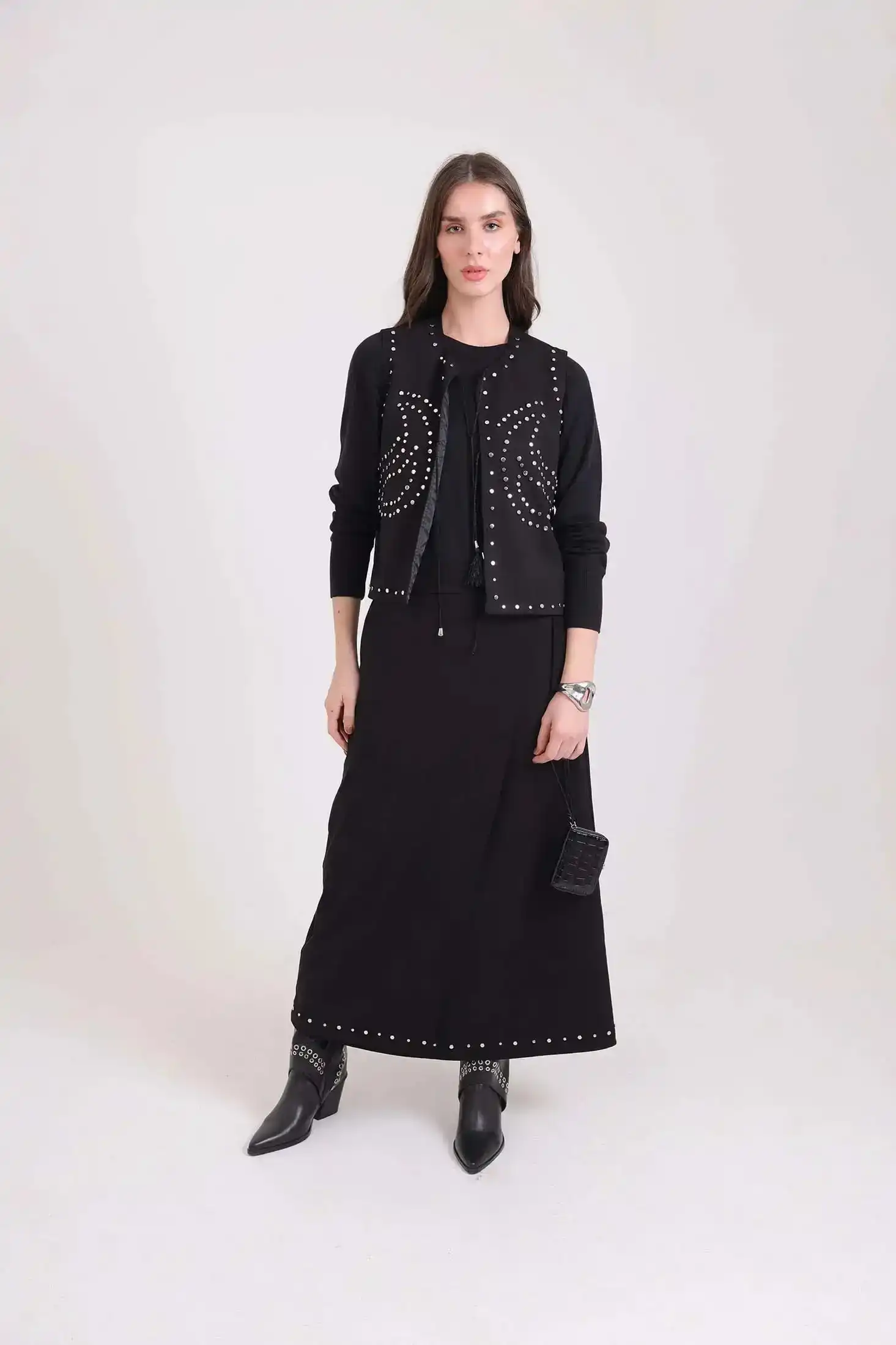 Comfy A-Line Skirt with Metal Studs Trim