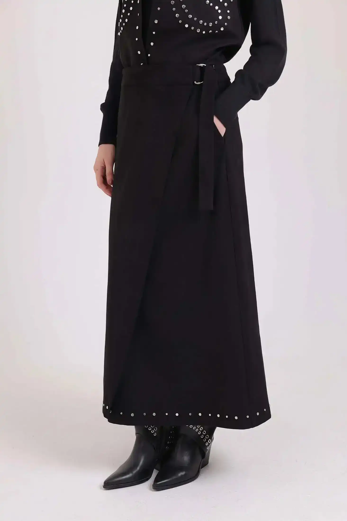 Comfy A-Line Skirt with Metal Studs Trim - Image 3