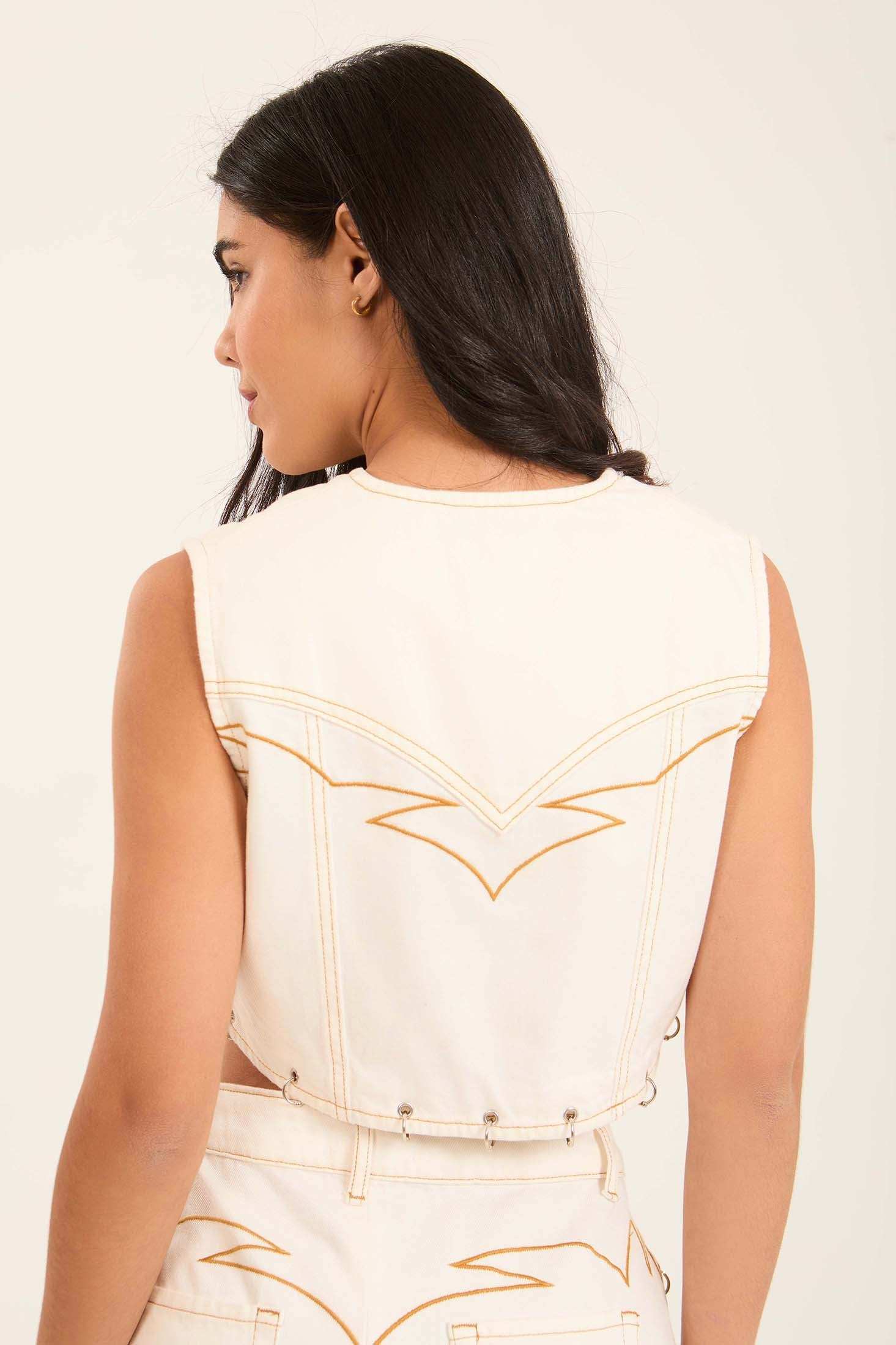 Deep V-Neck Zipped Vest with Decorative Rings - Image 3