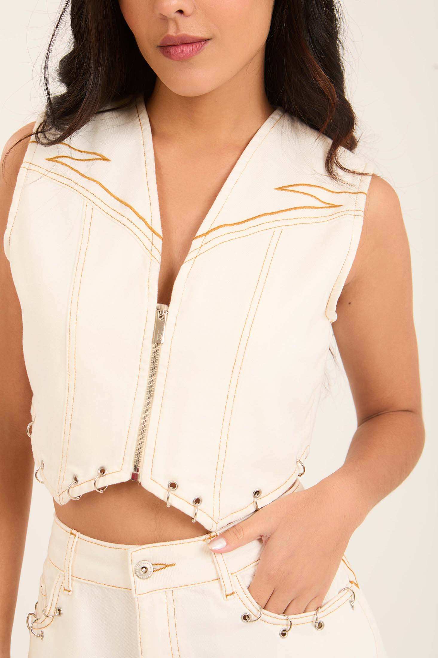 Deep V-Neck Zipped Vest with Decorative Rings - Image 4