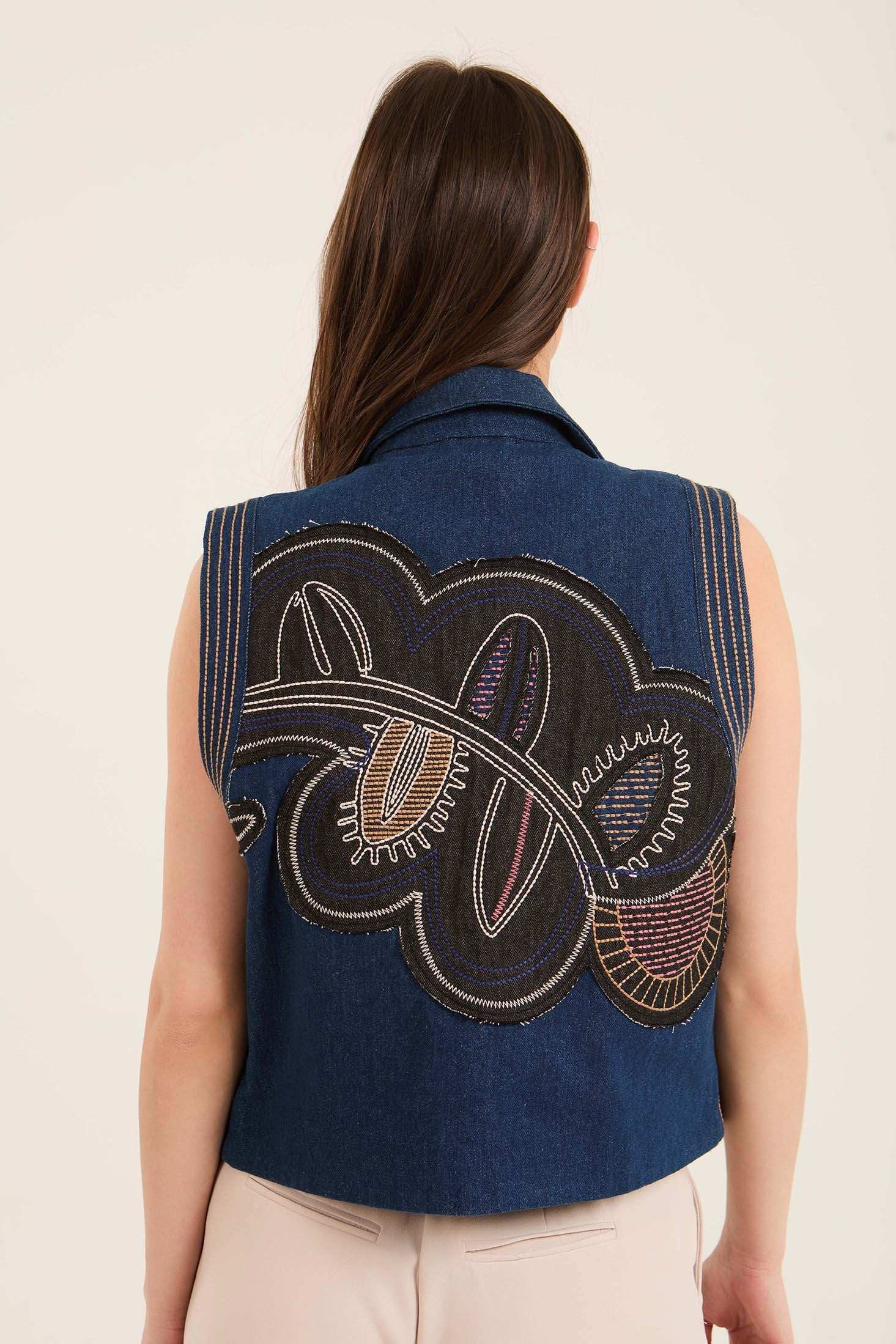 Stitched Patches Buttoned Vest with Turn Down Collar - Image 4