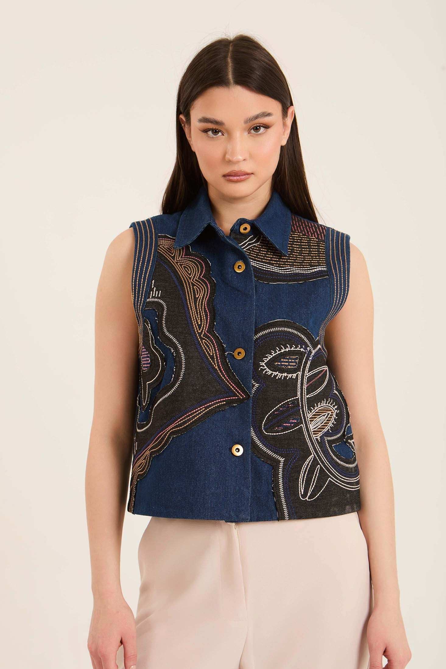 Stitched Patches Buttoned Vest with Turn Down Collar - Image 5
