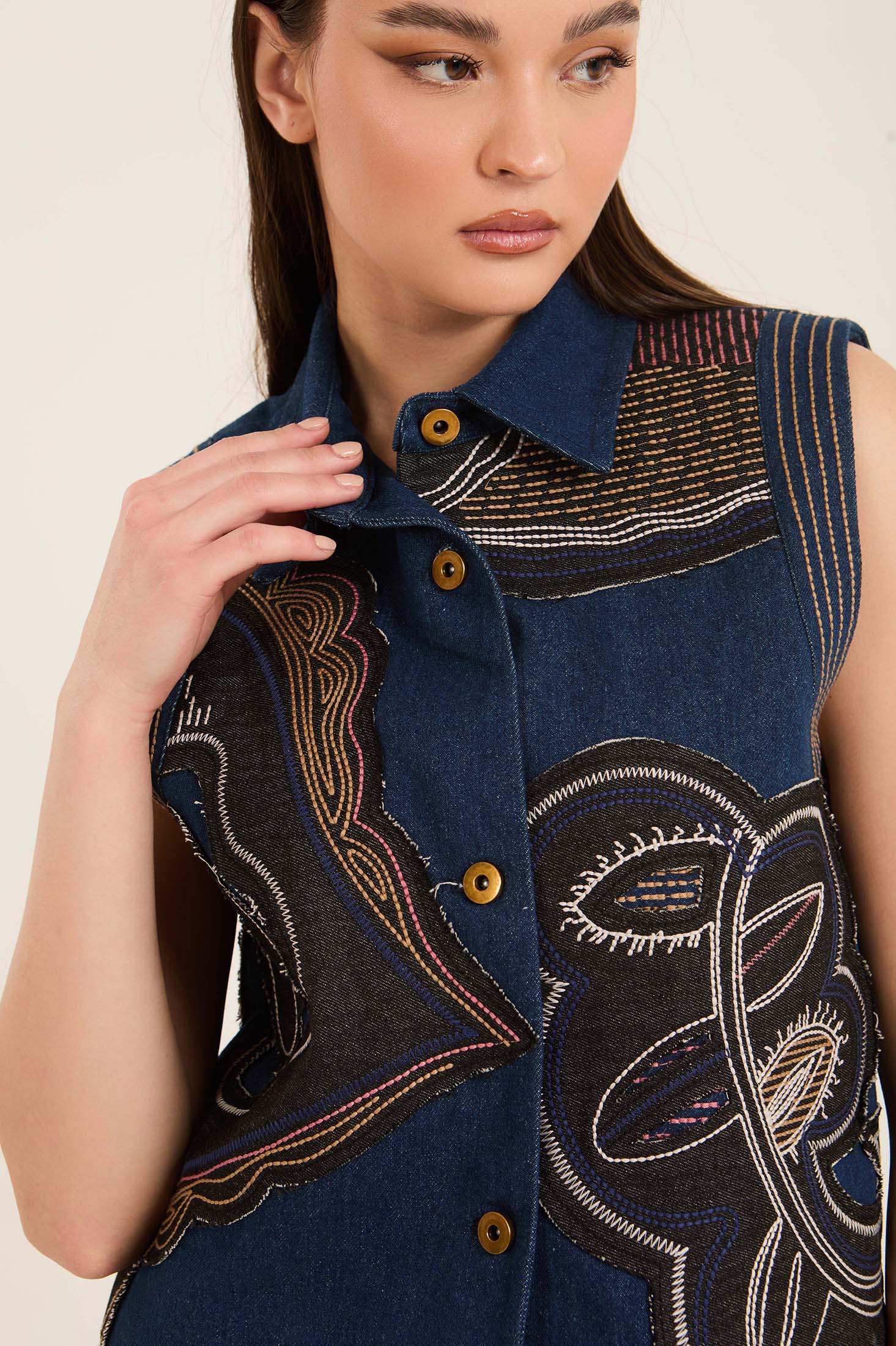 Stitched Patches Buttoned Vest with Turn Down Collar - Image 6