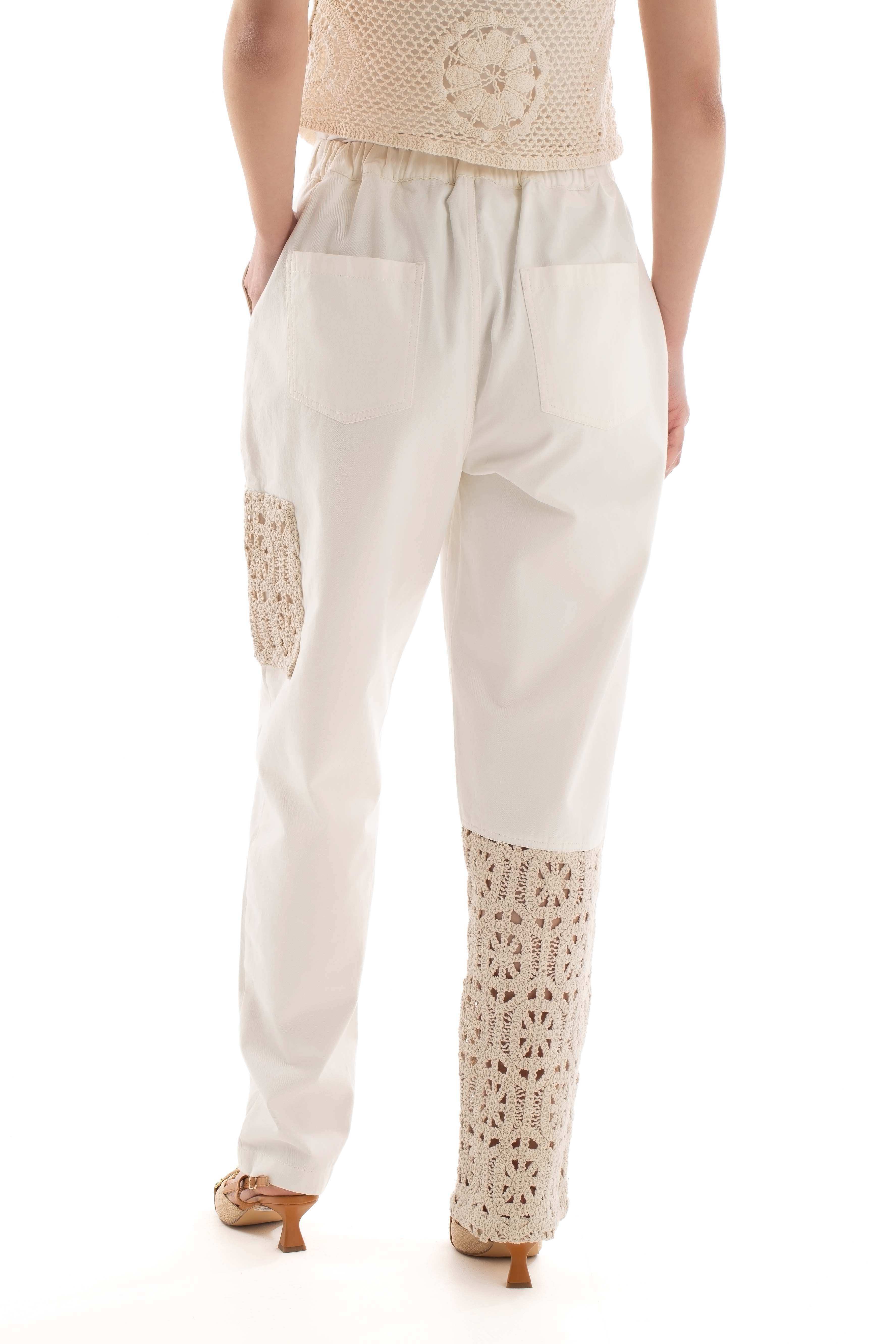 Straight Cotton Pants with Crochet Insets - Image 4