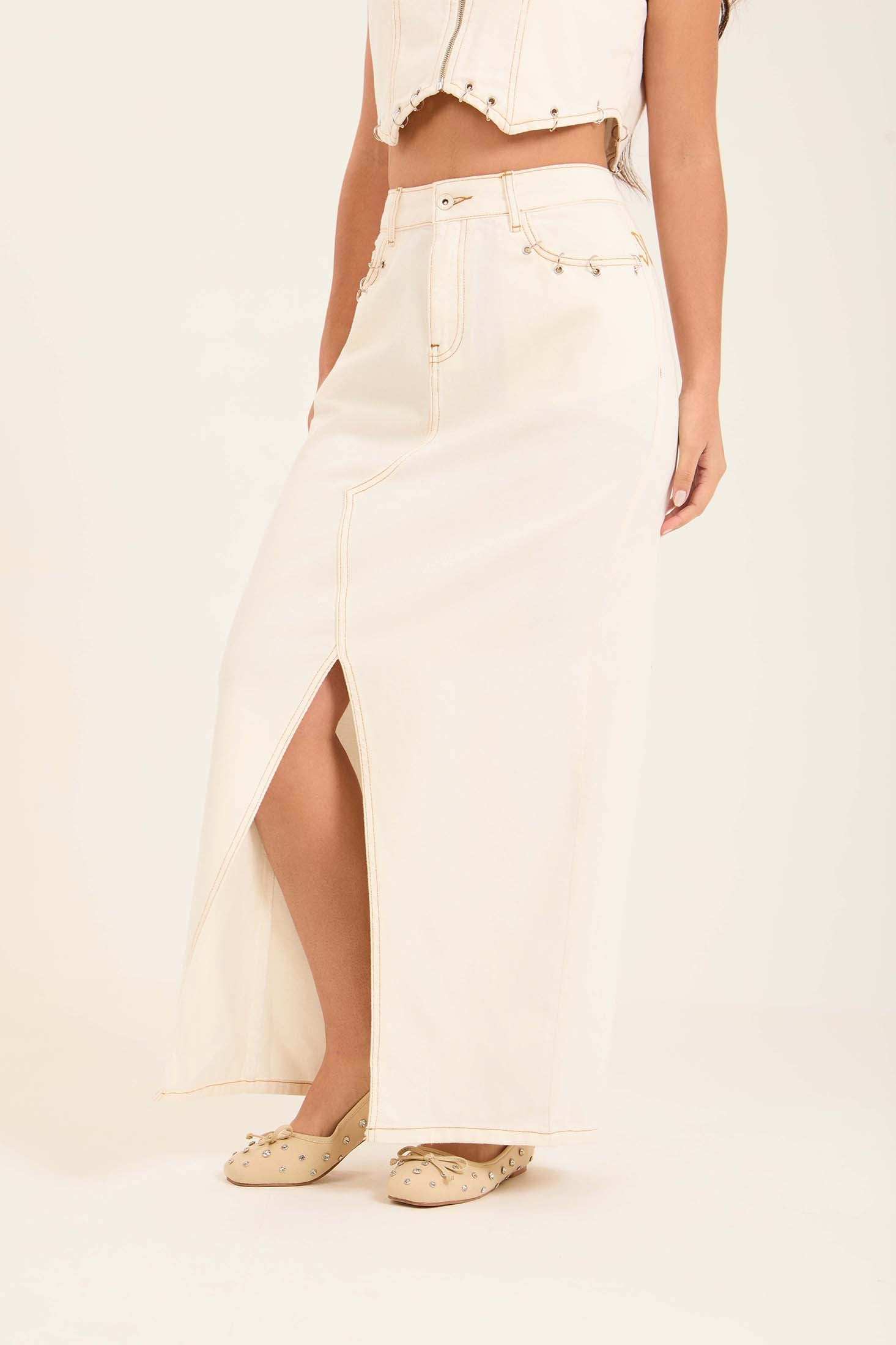 Decorative Rings Denim Skirt with Front Slit - Image 2